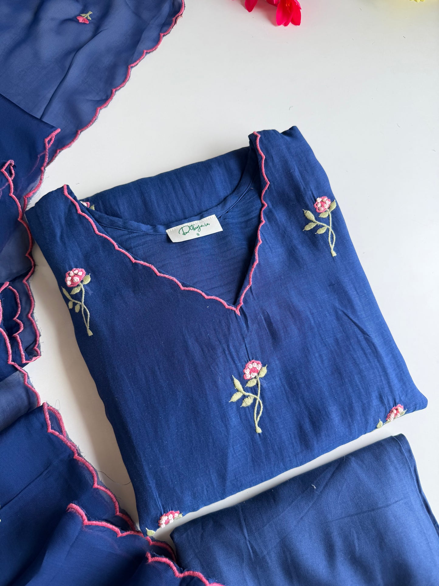 K087 - Mul chanderi embroidered Aline Kurti with pants and dupatta