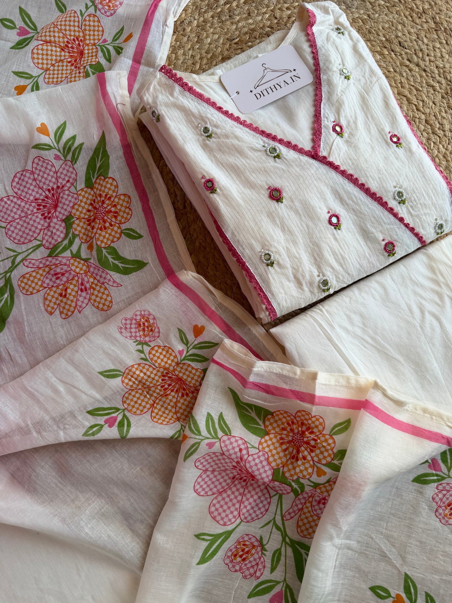 K574 - Mul cotton embroidered Anarkali with pants and dupatta
