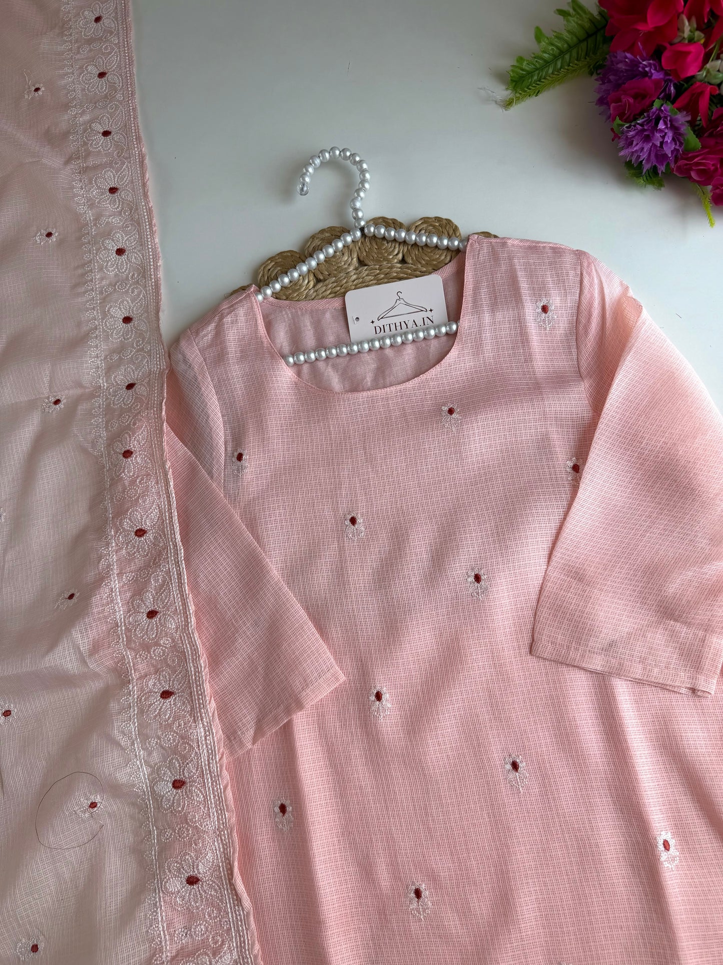 K545 - Kota doriya embroidered straight Kurti with pants and dupatta