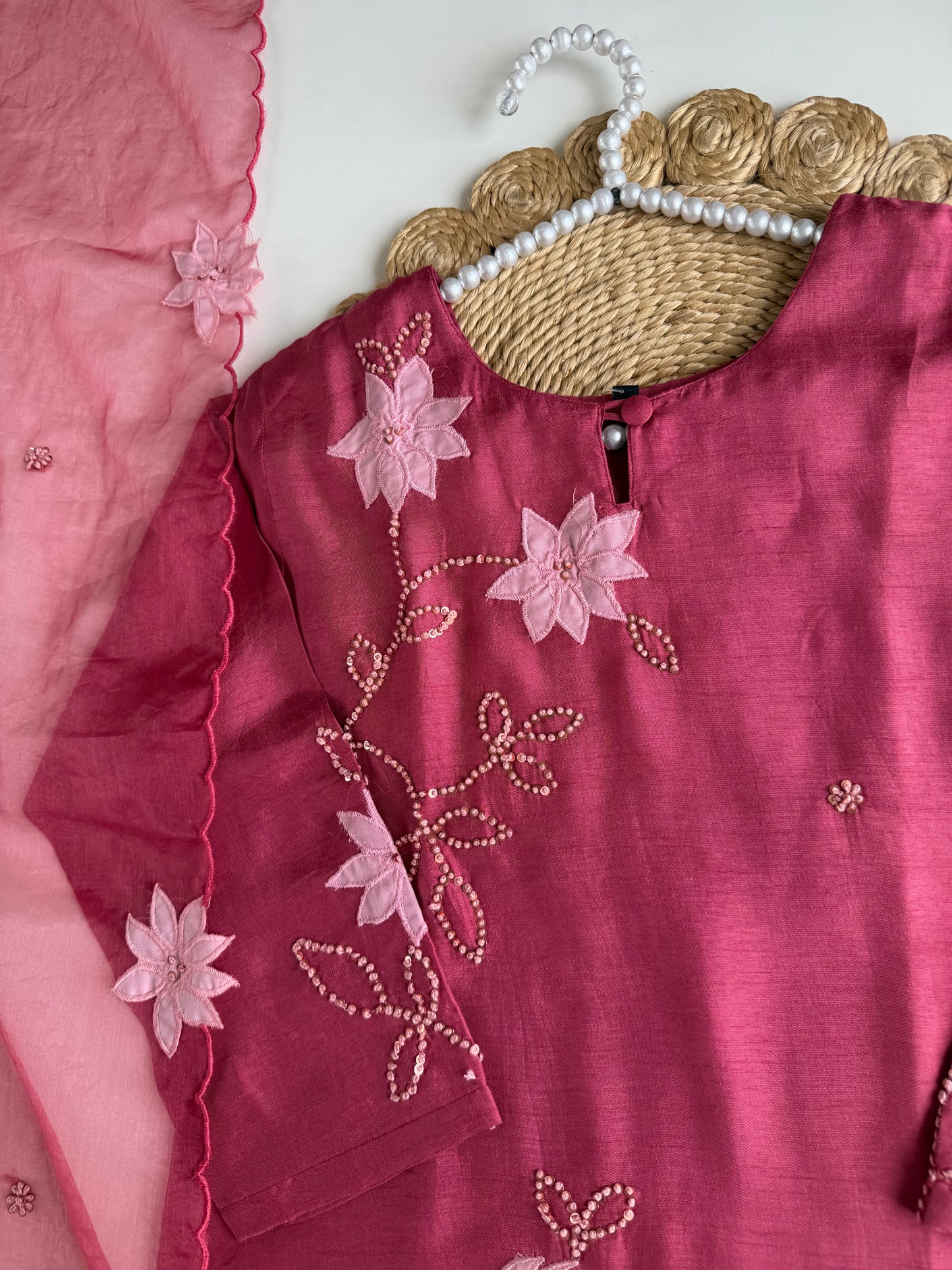 K119 - Russian silk appliqué handwork straight Kurti with pants and dupatta