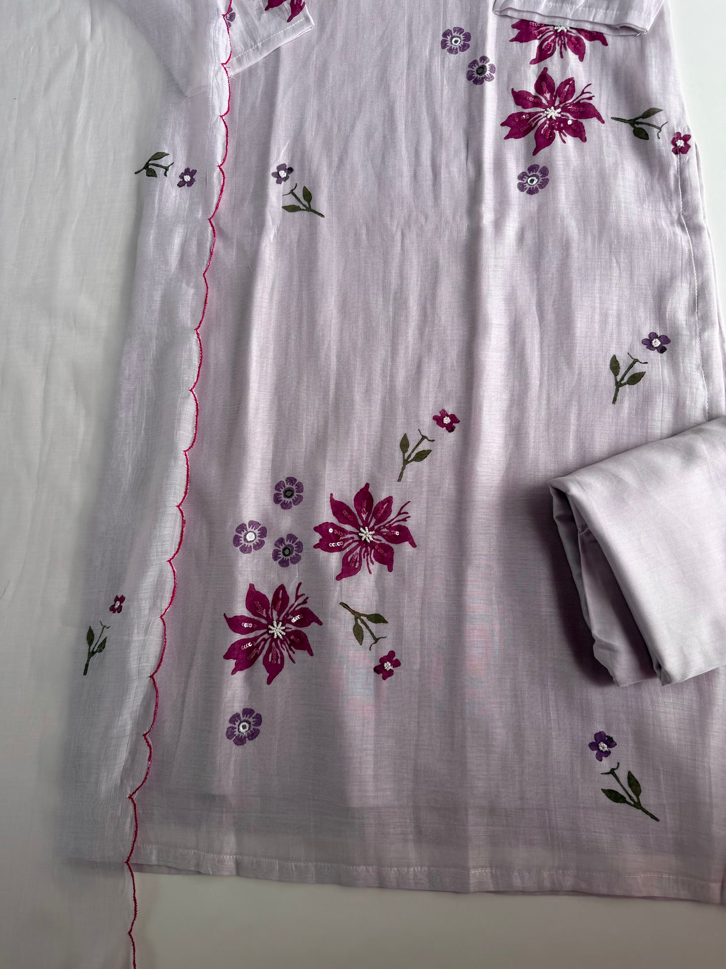 K012 - Mul Chanderi handwork straight Kurti with pants and dupatta