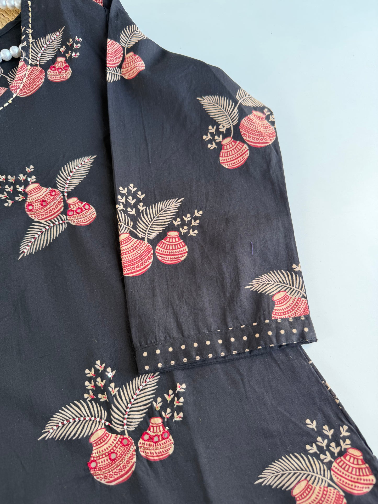 K691 - Mul cotton embroidered straight Kurti with pants and dupatta