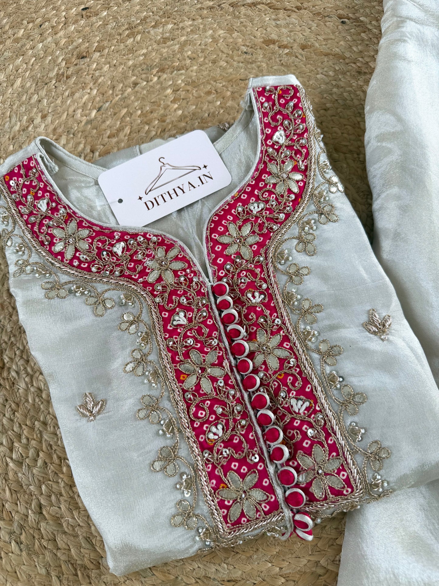 K225 - Tissue silk gota handwork short Kurti with divider pants