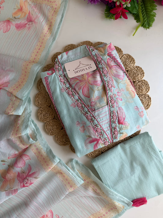 K524 - Mulmul chanderi floral Aline Kurti with pants and dupatta