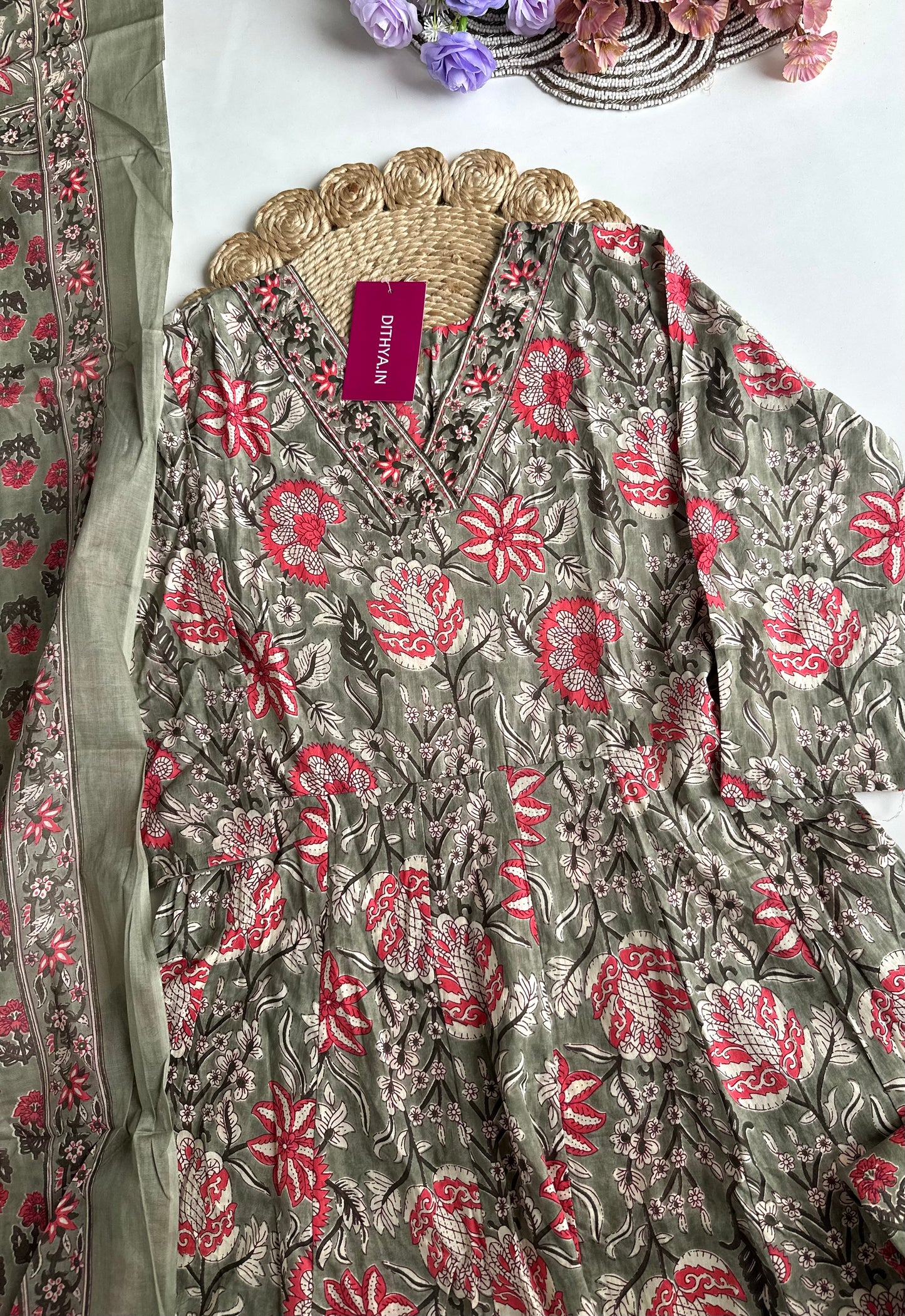 K103 - Cotton floral Anarkali with pants and dupatta