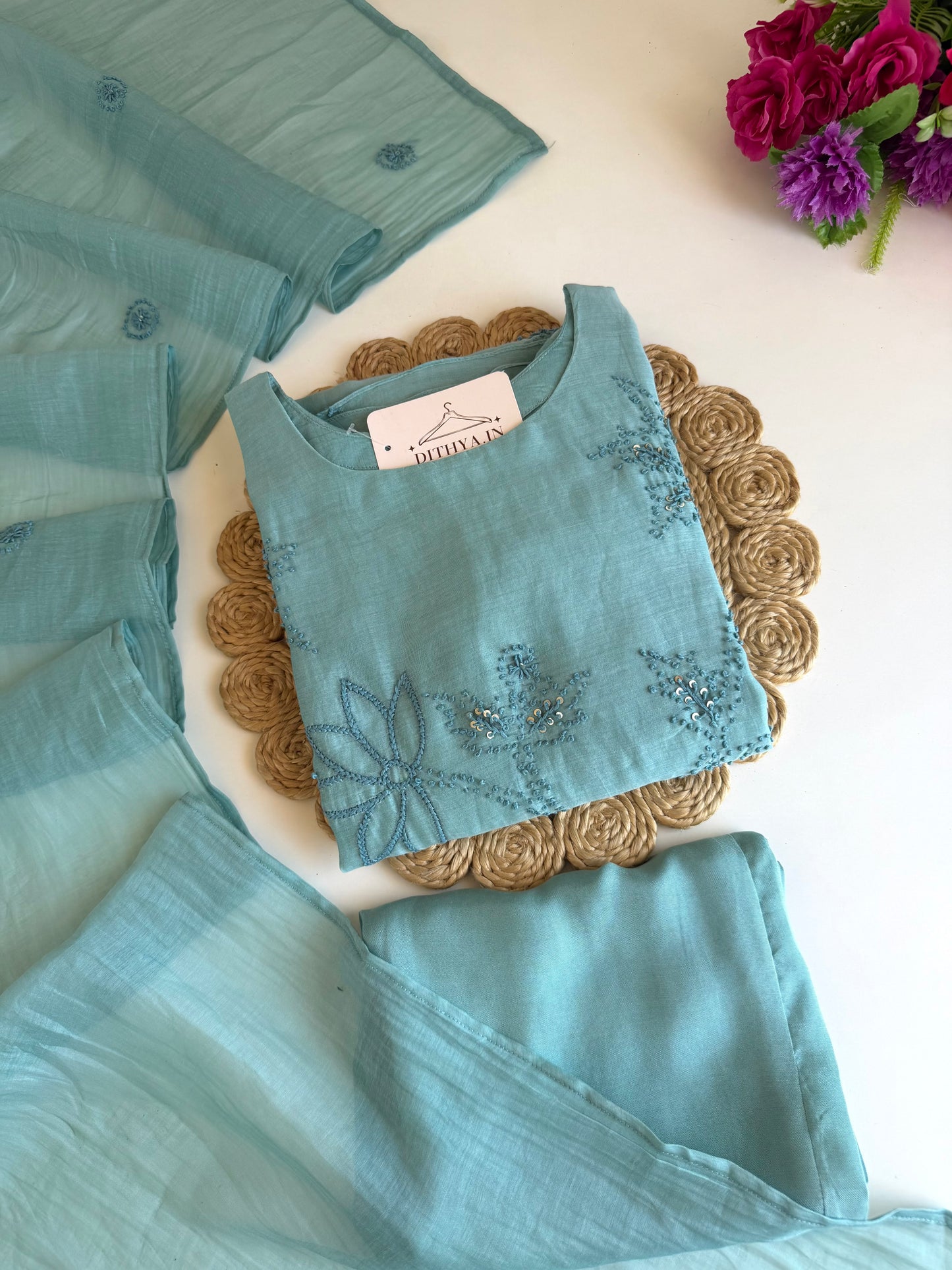 K056 - Mul chanderi French knot embroidered Aline Kurti with pants and dupatta in 2 colours