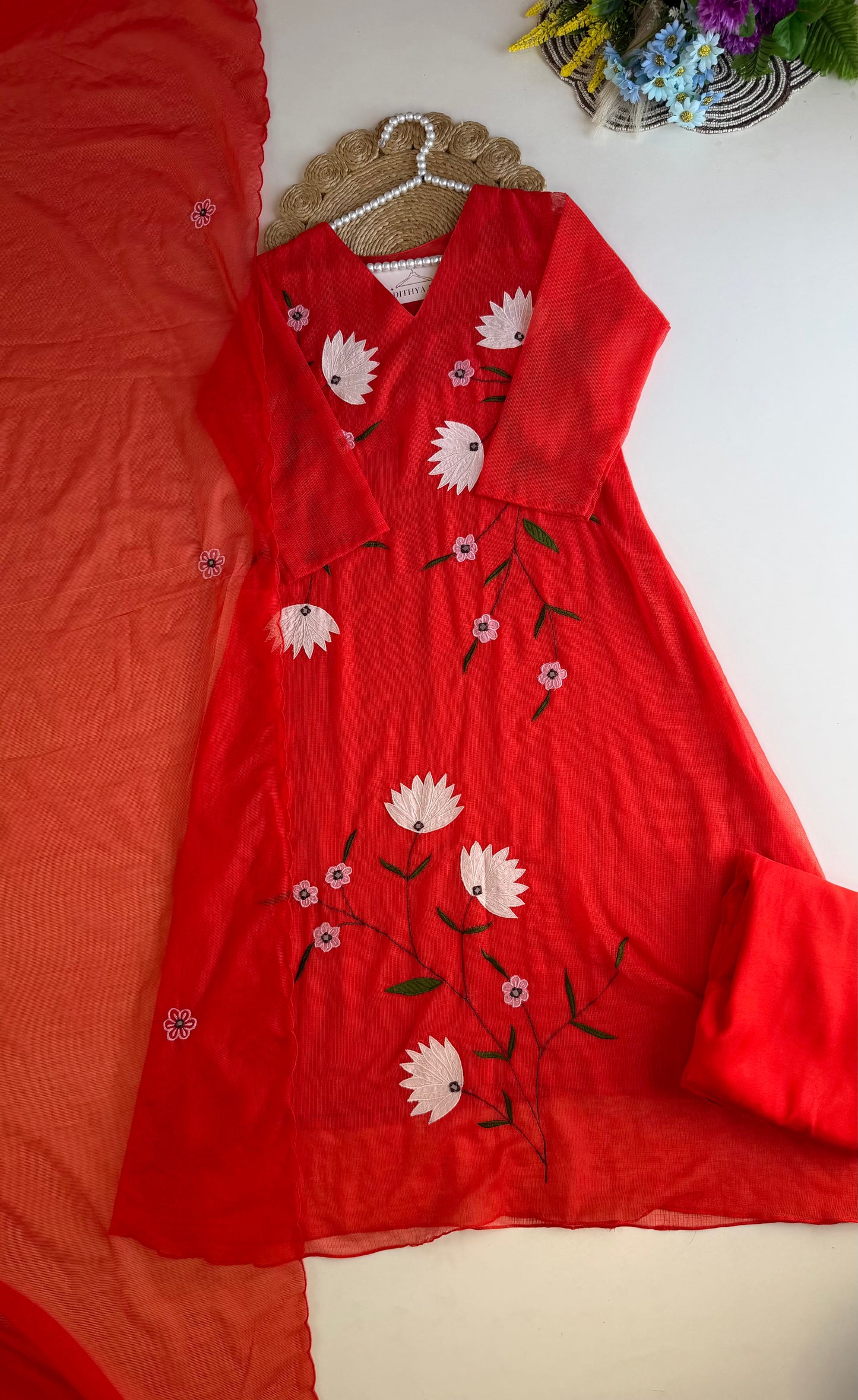 K295 - Kota doriya appliqué Aline Kurti with pants and dupatta