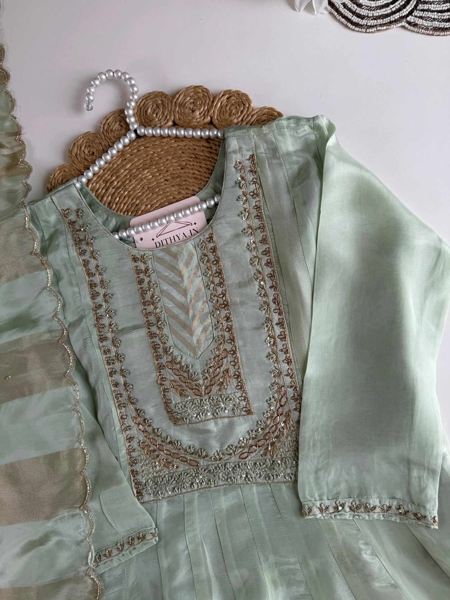 K133 - Tissue silk handwork Anarkali with pants and dupatta