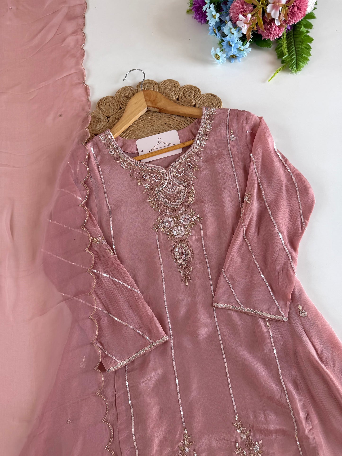 K371 - Pure Chinnon handwork Anarkali with pants and dupatta