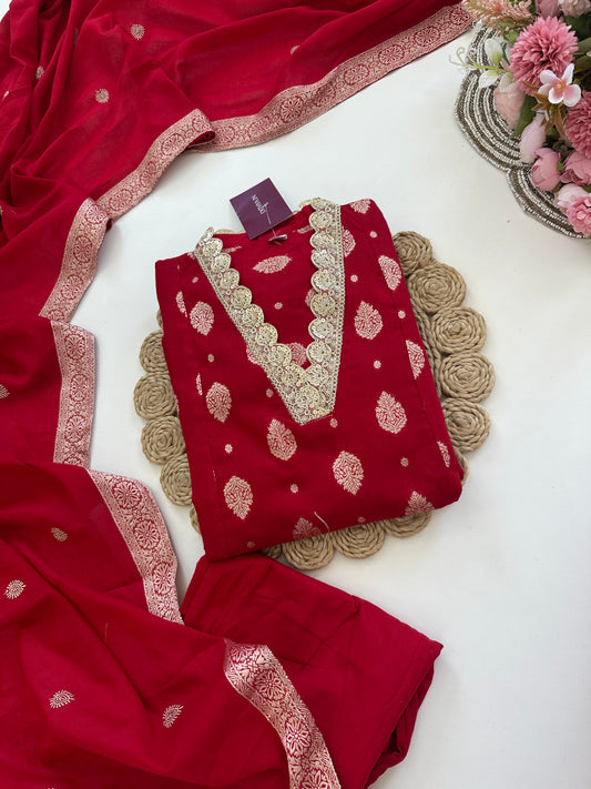 K094 - Cotton Jacquard Aline Kurti with pants and dupatta in 3 colours