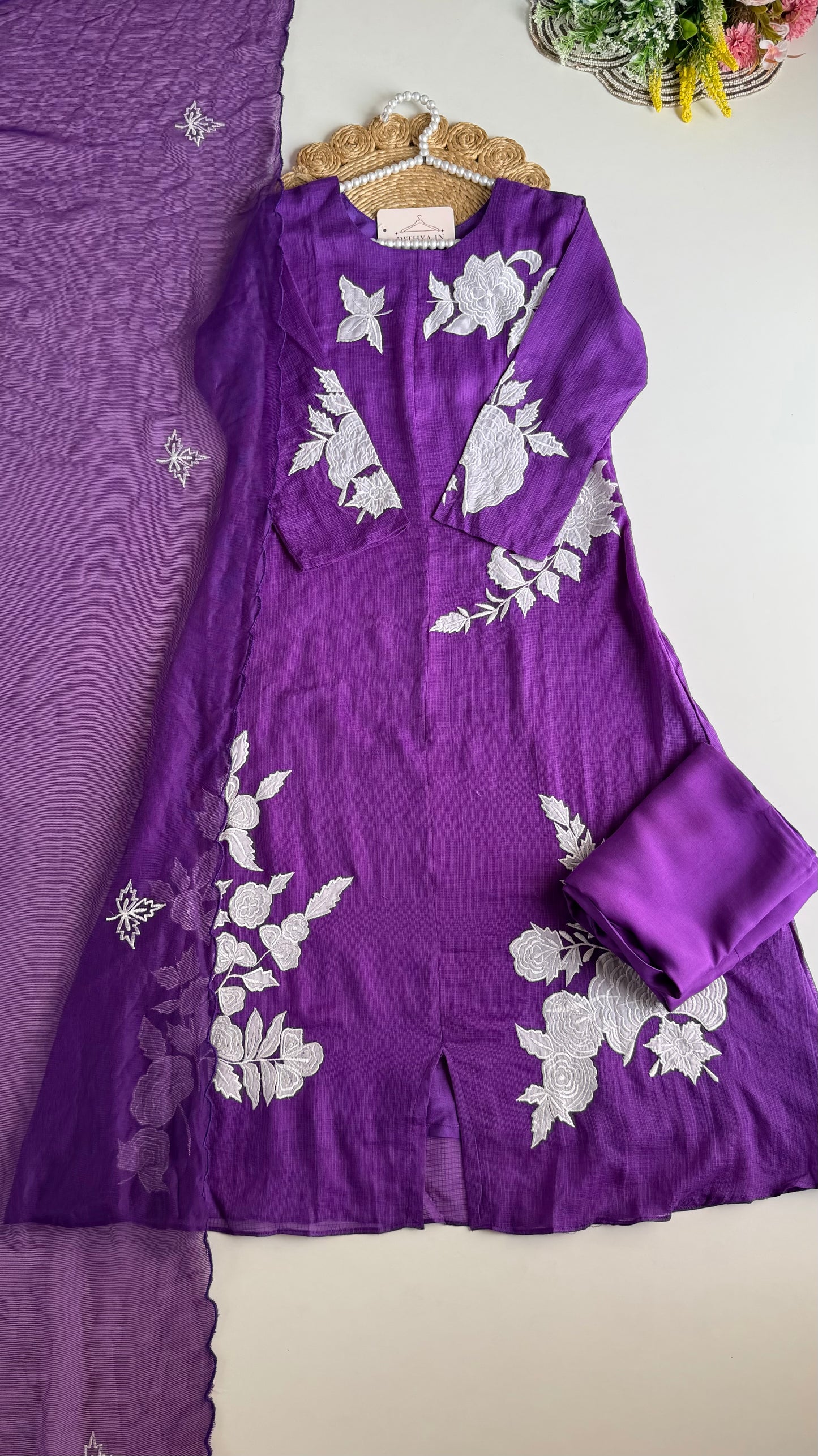 K582 - Kota doriya appliqué work Aline Kurti with pants and dupatta