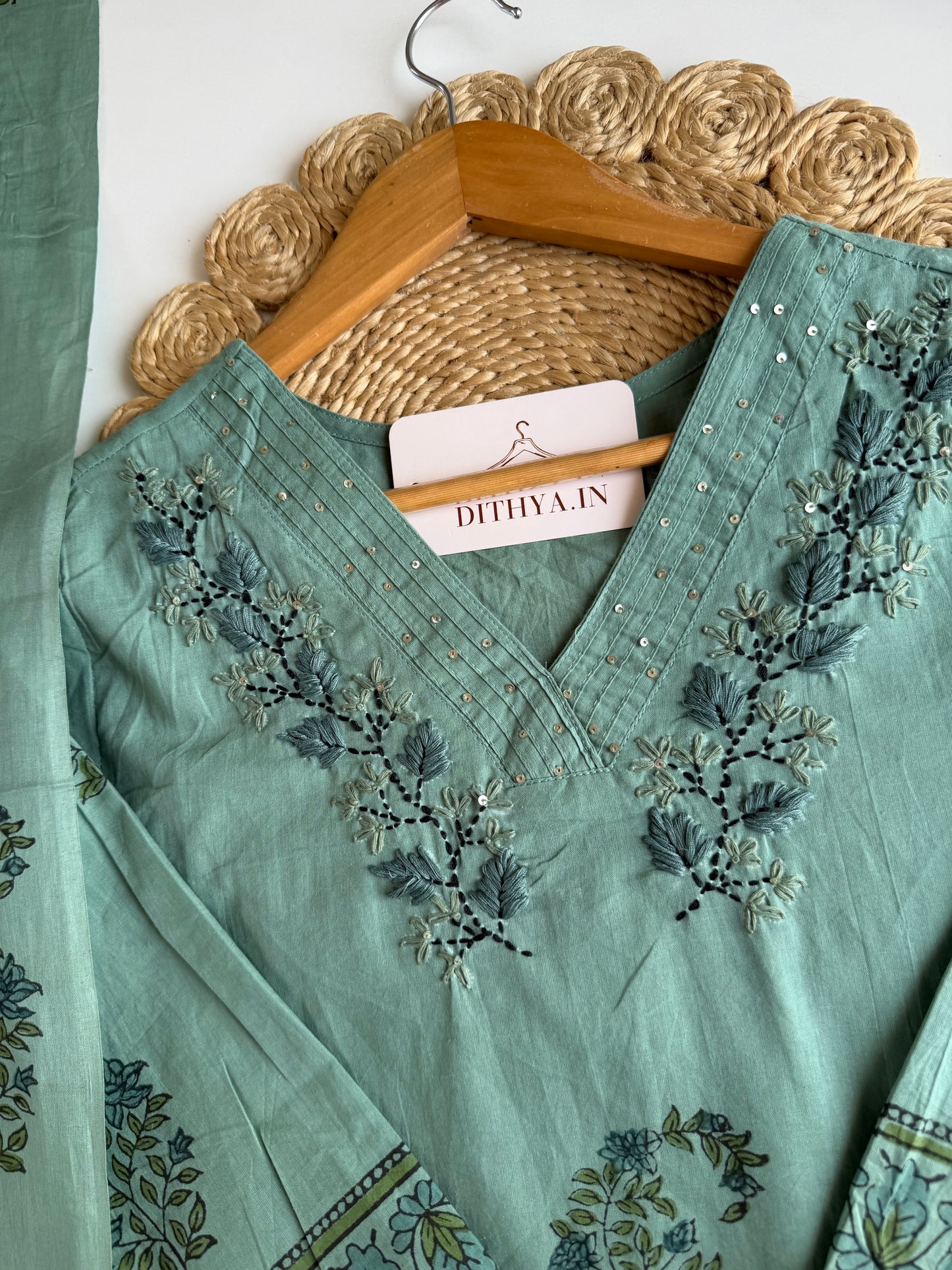K712 - Mul cotton embroidered straight Kurti with pants and dupatta