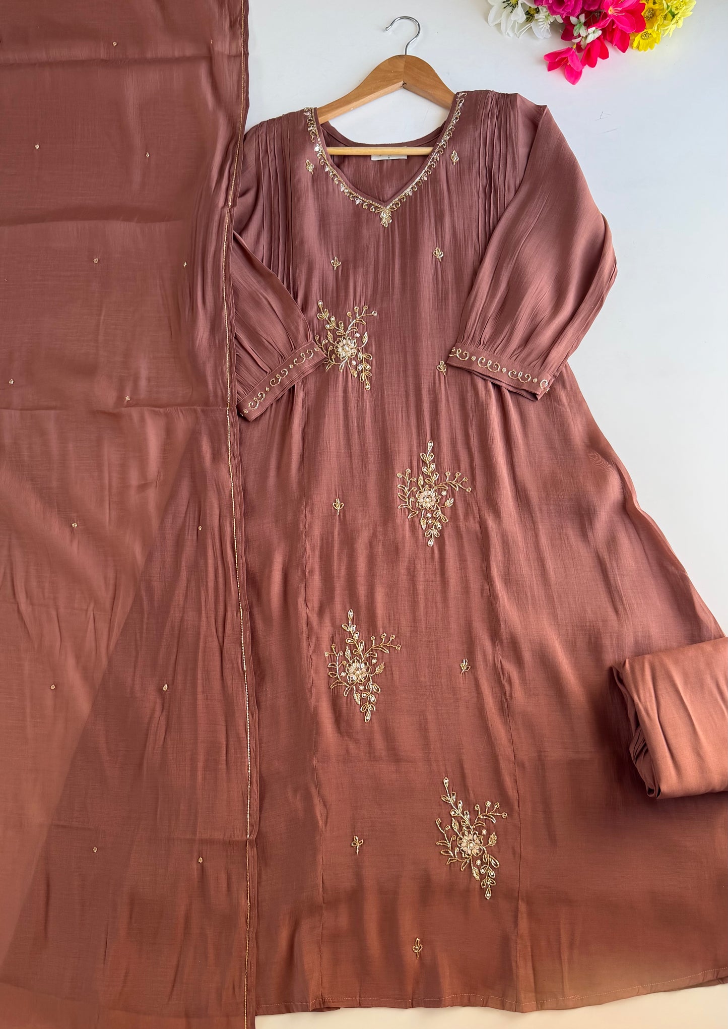 K484 - Surat Mul chanderi handwork aline Kurti with pants and dupatta
