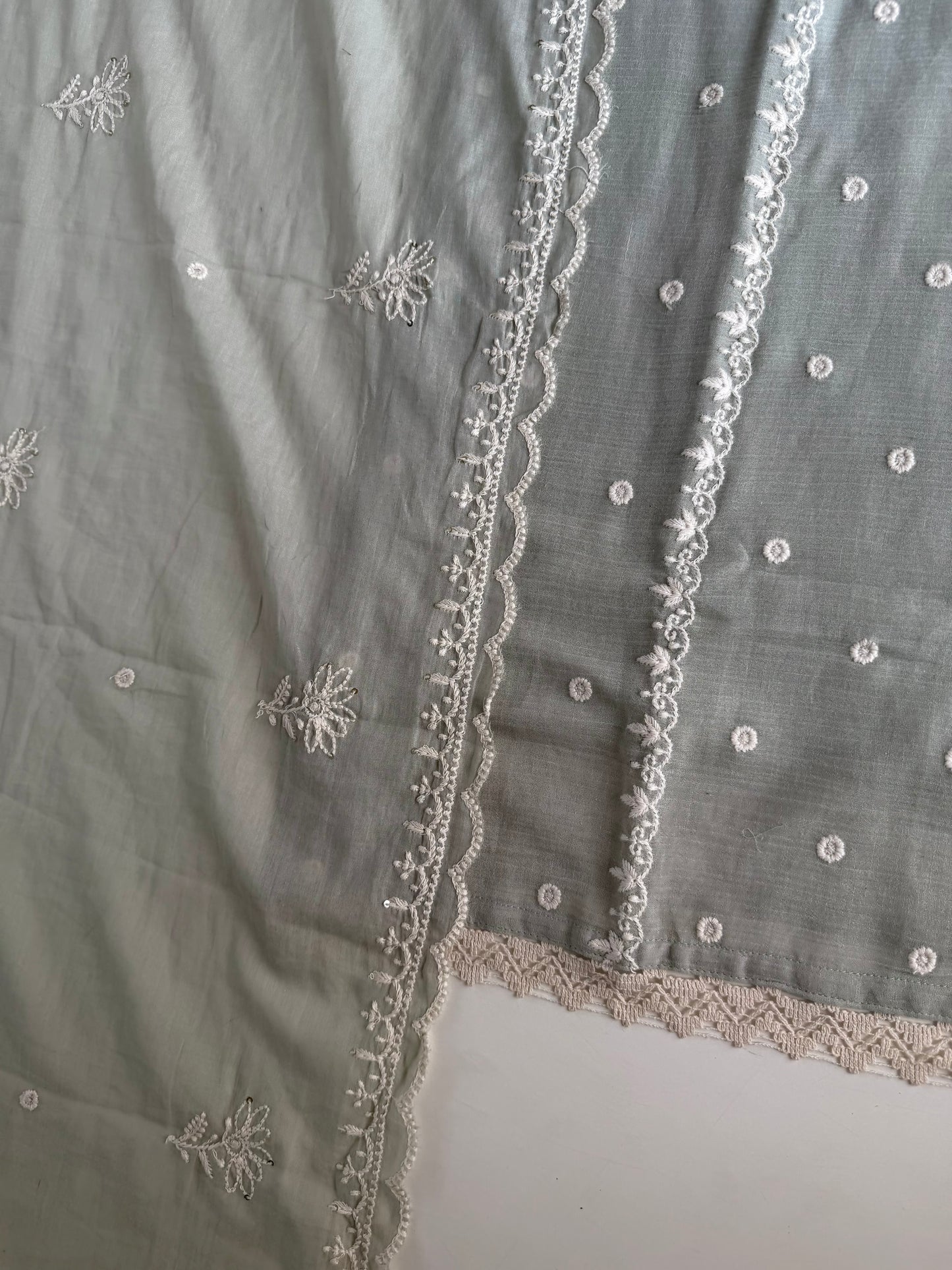 K698 - Crushed mul chanderi embroidered straight Kurti with pants and dupatta