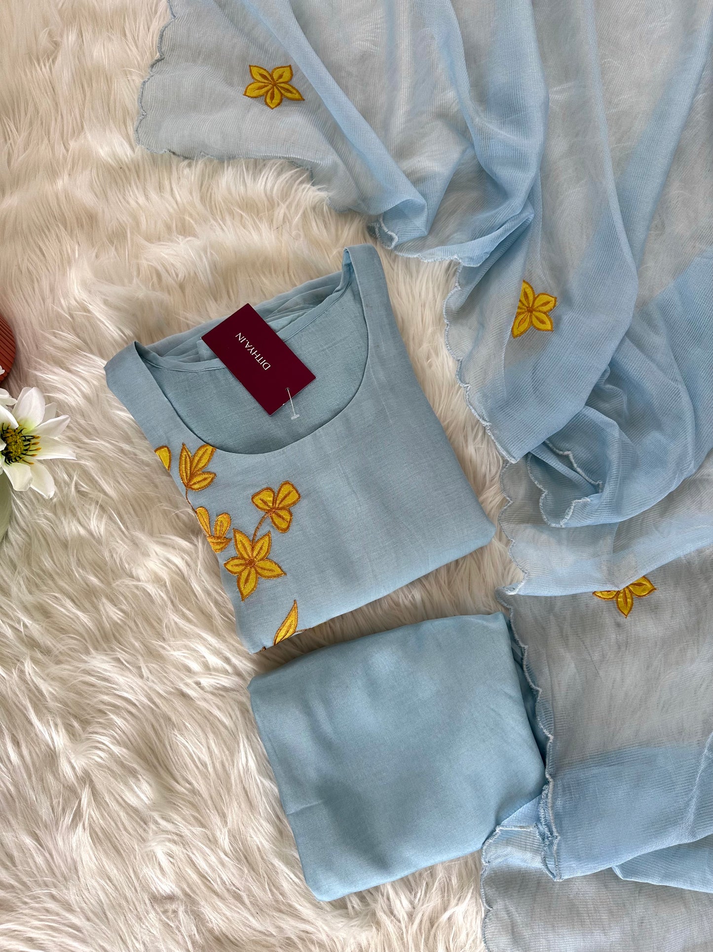 K037 - Mul Chanderi appliqué work Aline Kurti with pants and dupatta