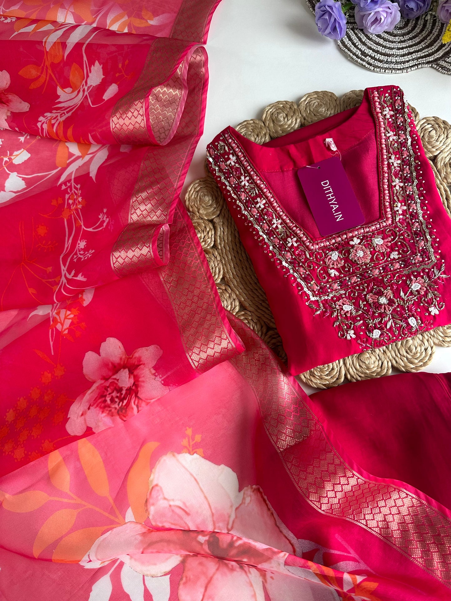 K110 - Roman silk handwork straight Kurti with pants and dupatta