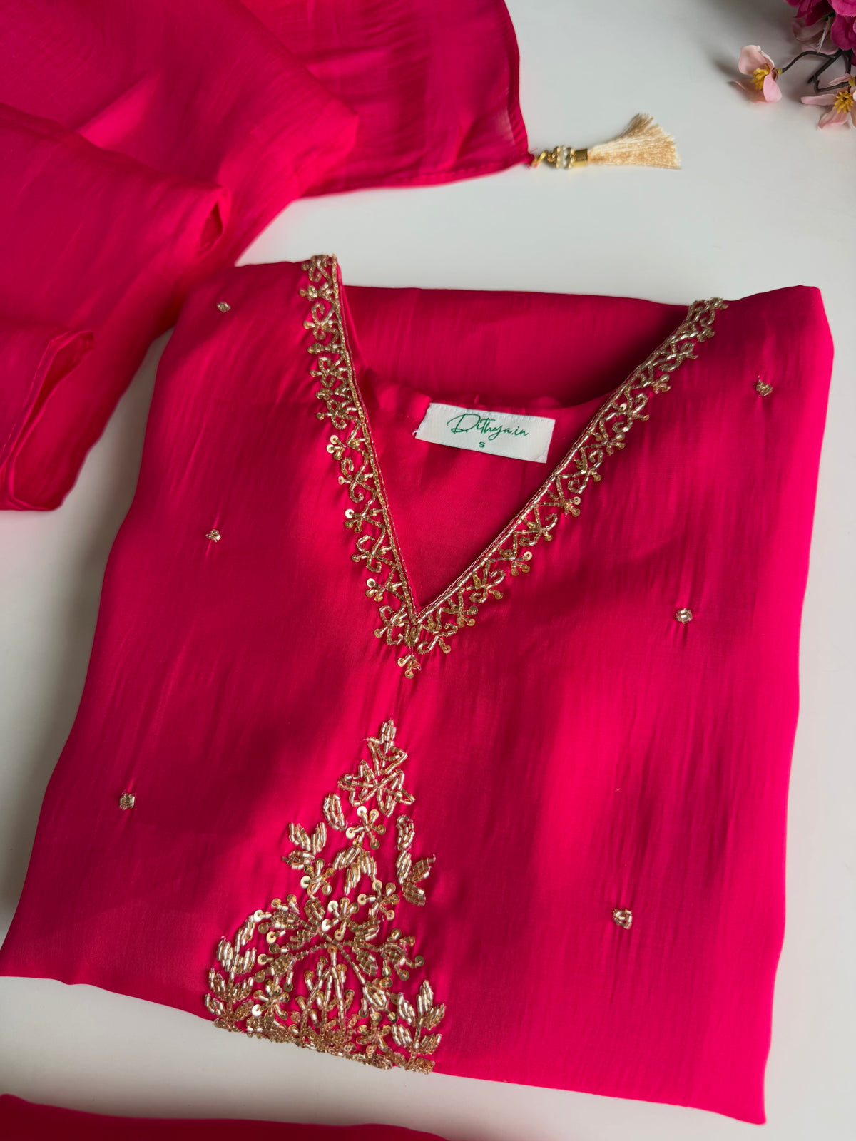 K117 - Surat mul chanderi handwork aline Kurti with pants and dupatta