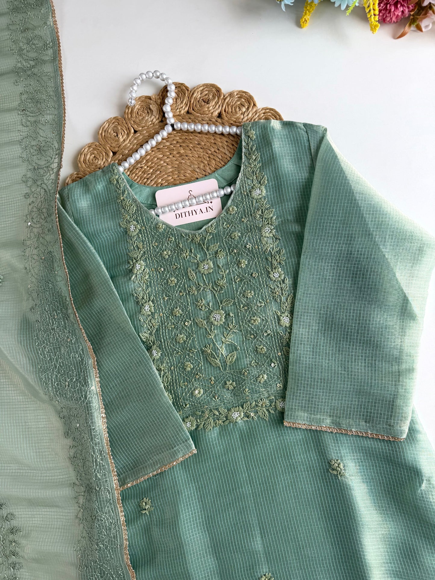 K107 - Chanderi tissue silk embroidered straight Kurti with pants and dupatta in 2 colours