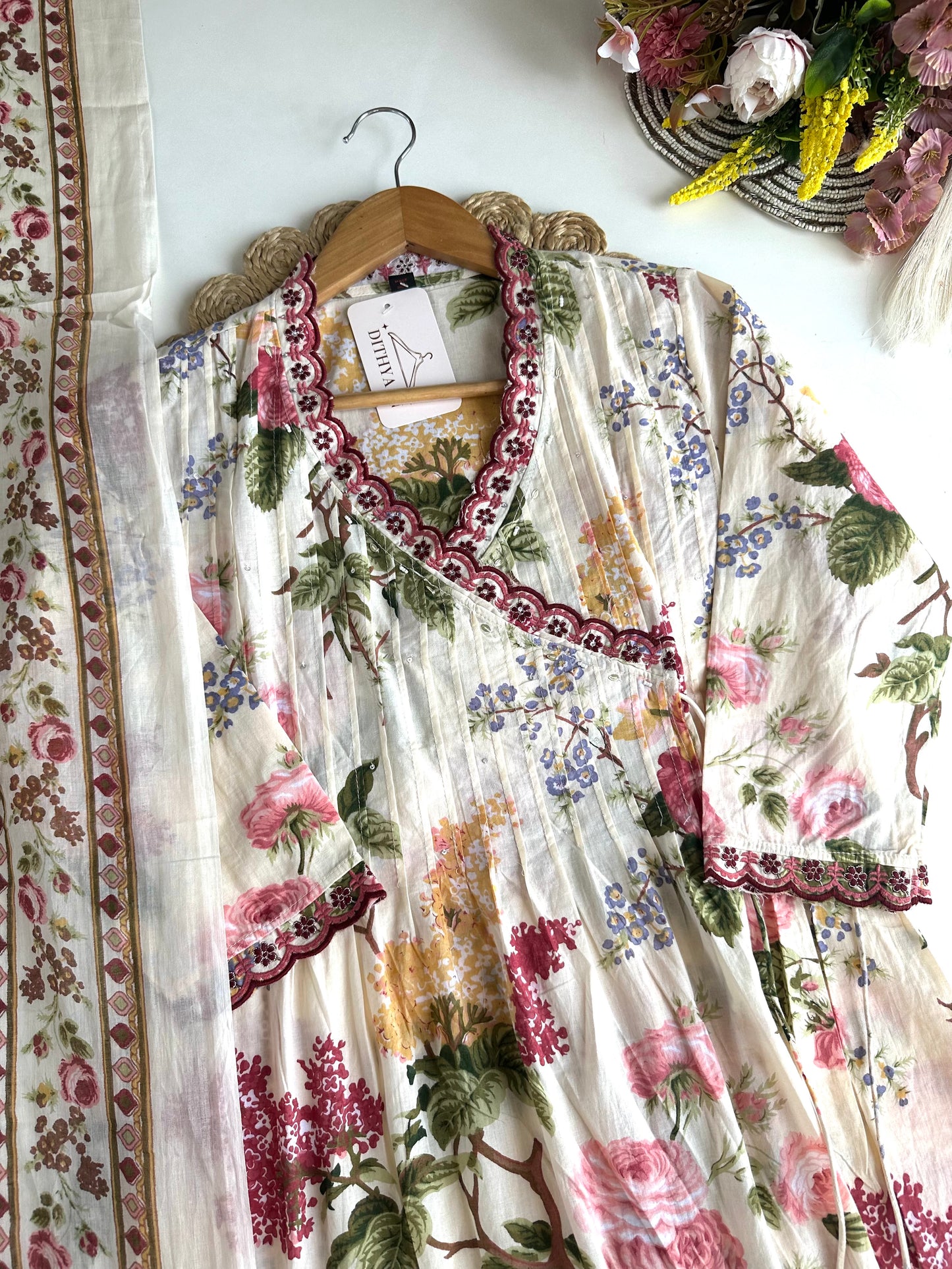 K465 - Mul cotton pleated floral Aline Kurti with pants and dupatta