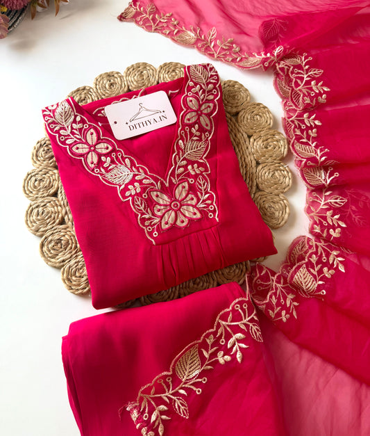 K363 - Muslin silk embroidered straight Kurti with pants and dupatta in 2 colours