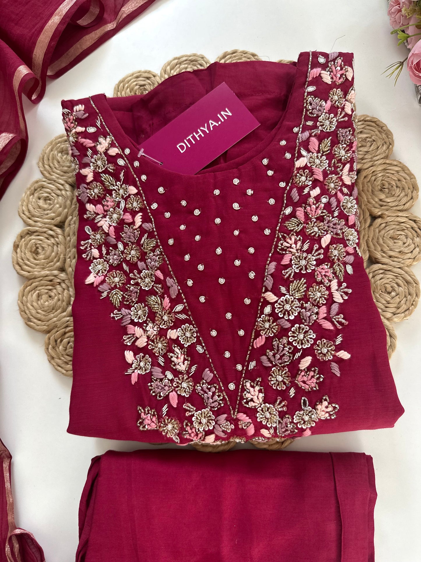 K021 - Mul Chanderi handwork Aline Kurti with pants and dupatta