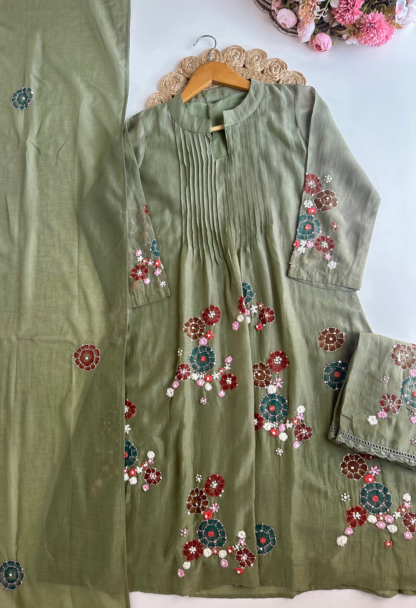 K423 - Mul Chanderi embroidered Aline Kurti with pants and dupatta