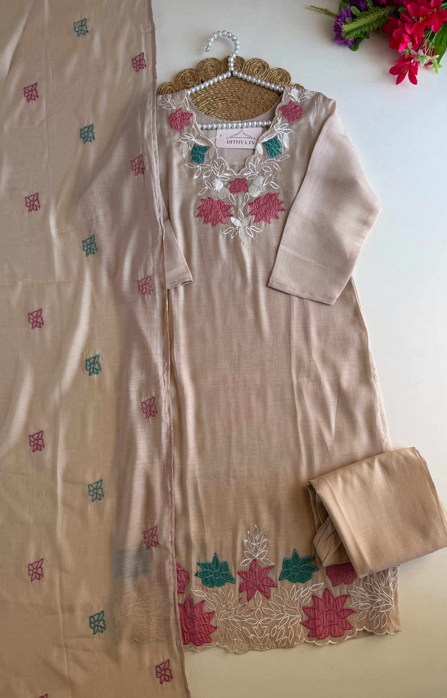 K577 - Surat mul chanderi appliqué work straight Kurti with pants and dupatta