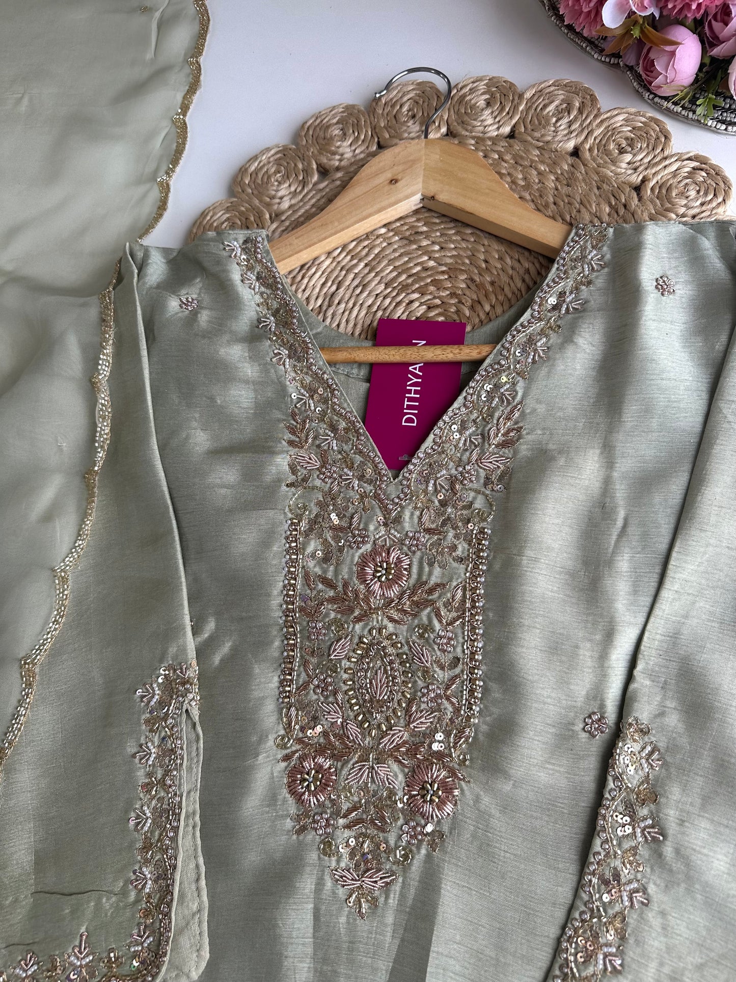 K428 - Russian silk handwork straight Kurti with pants and dupatta