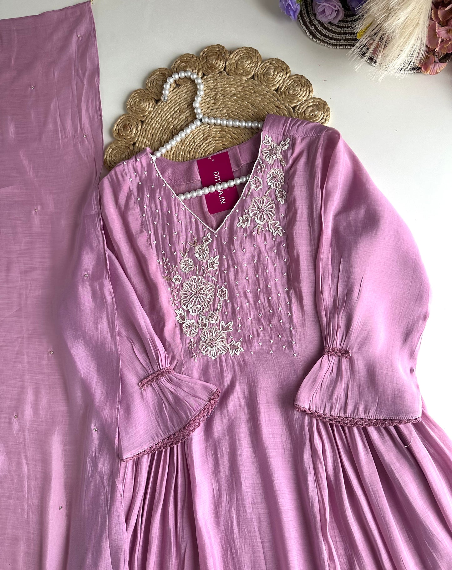 K178 - Mul Chanderi handwork Anarkali with pants and dupatta in 2 colours