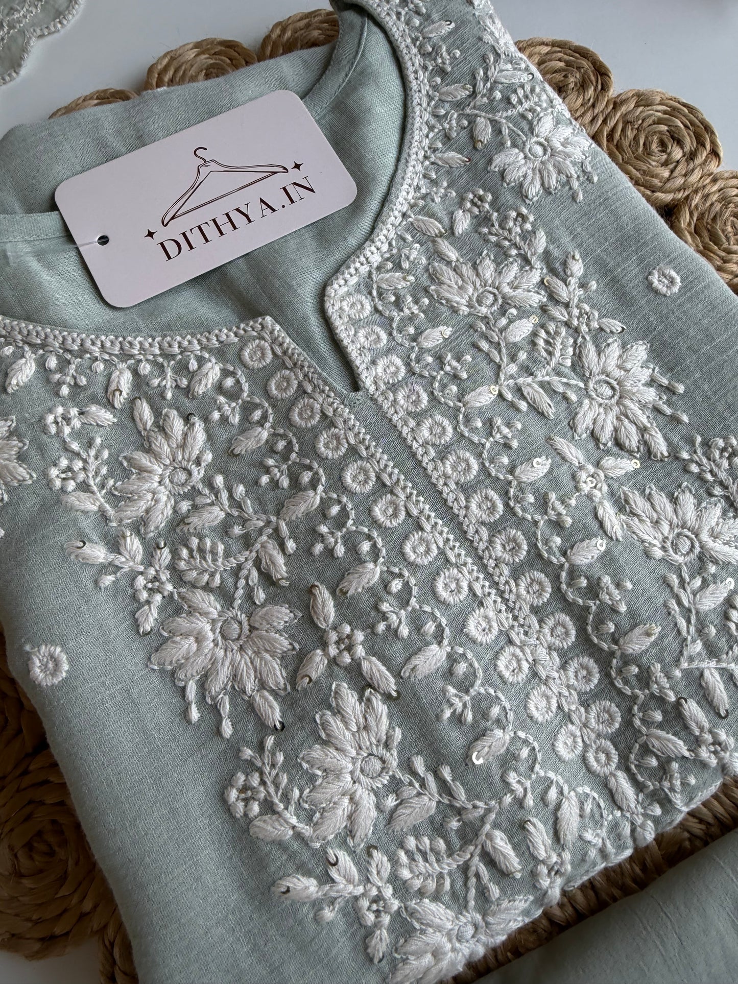 K698 - Crushed mul chanderi embroidered straight Kurti with pants and dupatta