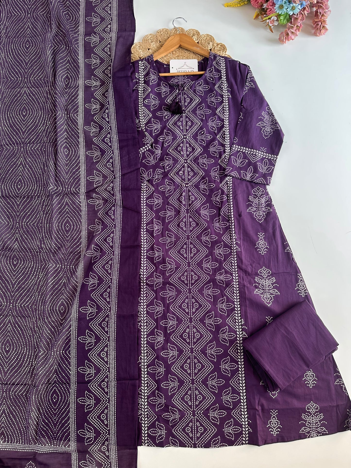 K446 - Mul cotton printed Aline Kurti with pants and dupatta