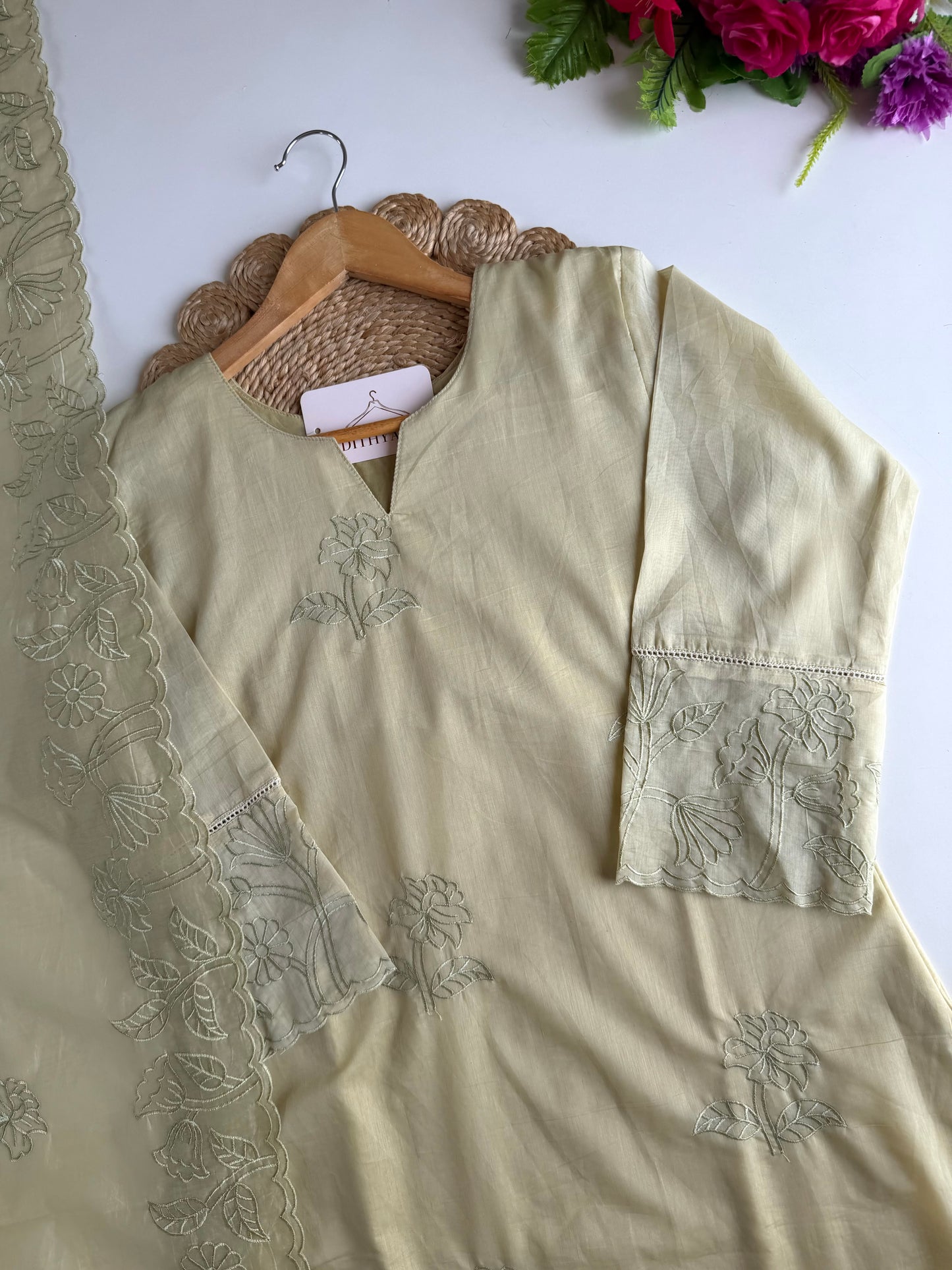 K208 - Crushed Mul chanderi embroidered straight Kurti with pants and dupatta in 2 colours