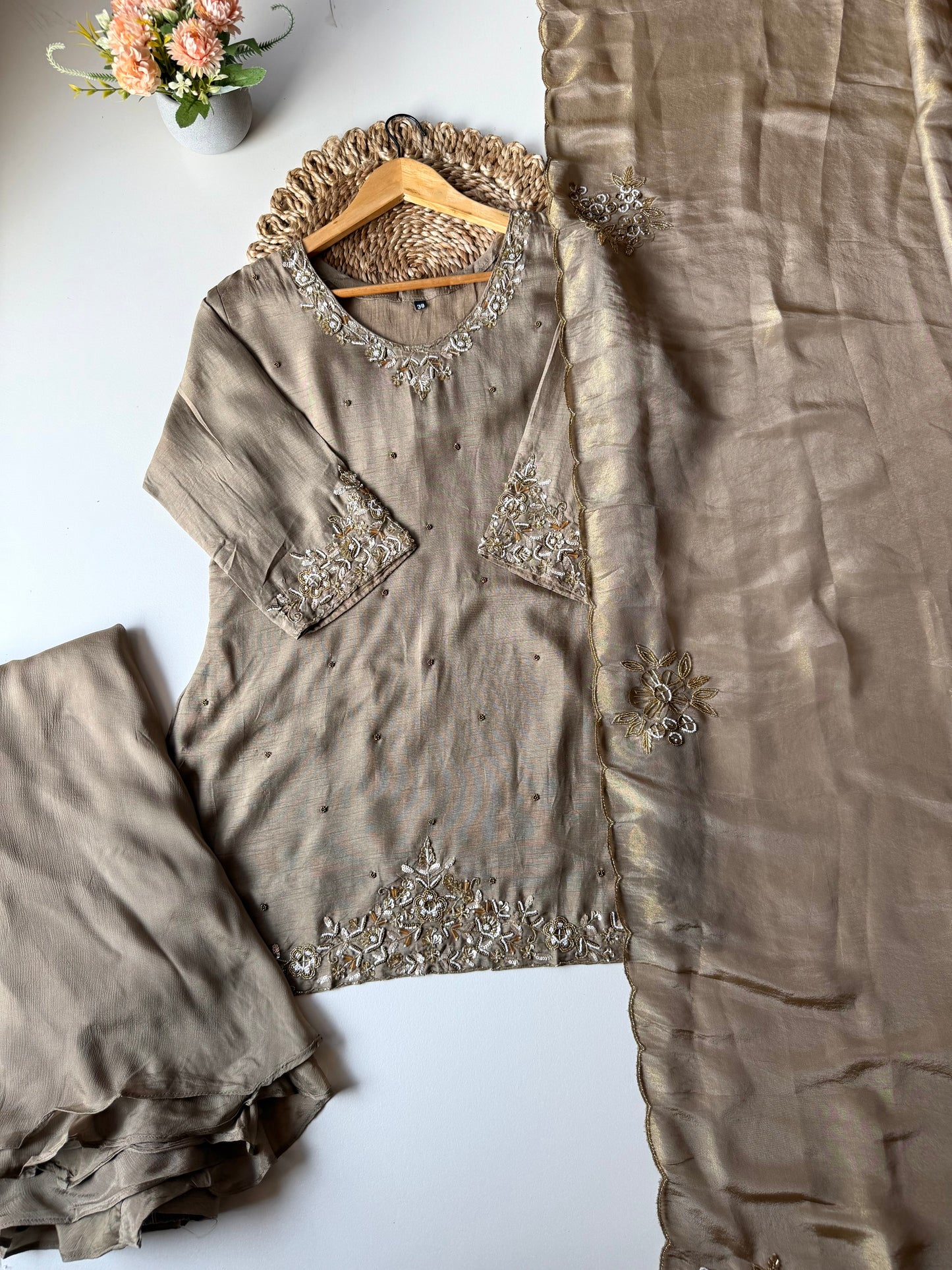 K419 - Russian silk short Kurti with palazzo and tissue silk dupatta