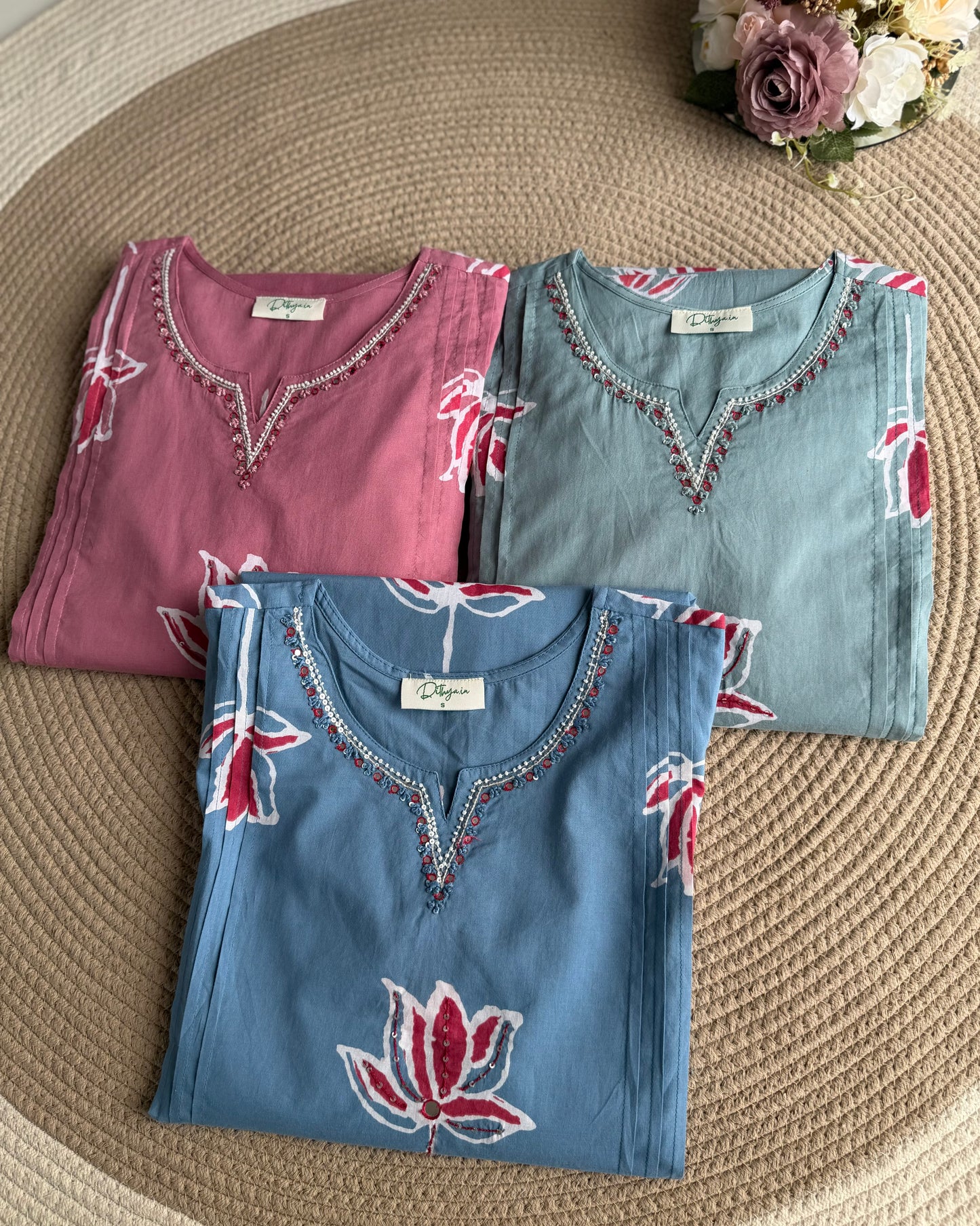 K164 - Mul cotton embroidered Aline Kurti with pants and dupatta in 3 colours