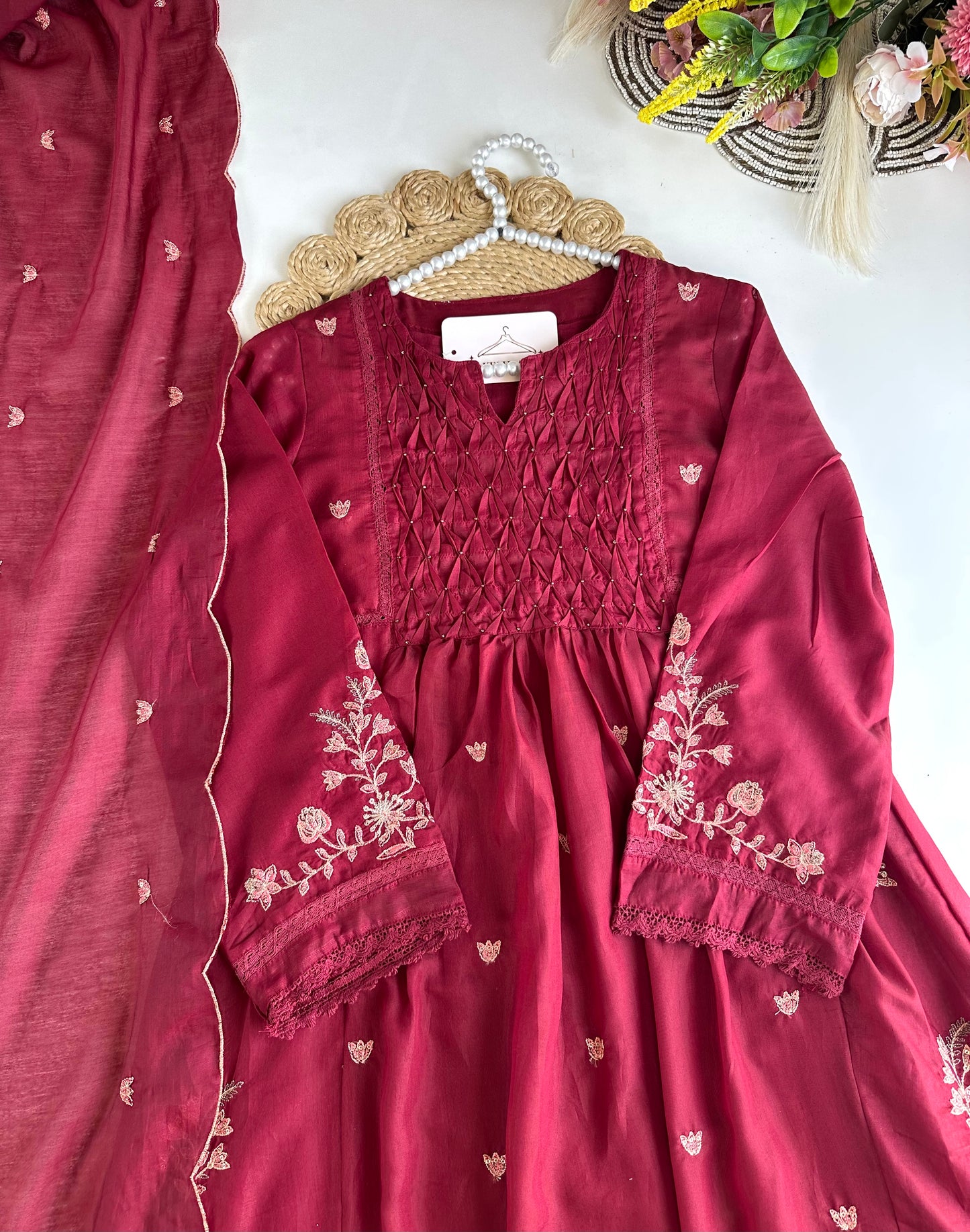K485 - Mul Chanderi zari work Anarkali with pants and dupatta