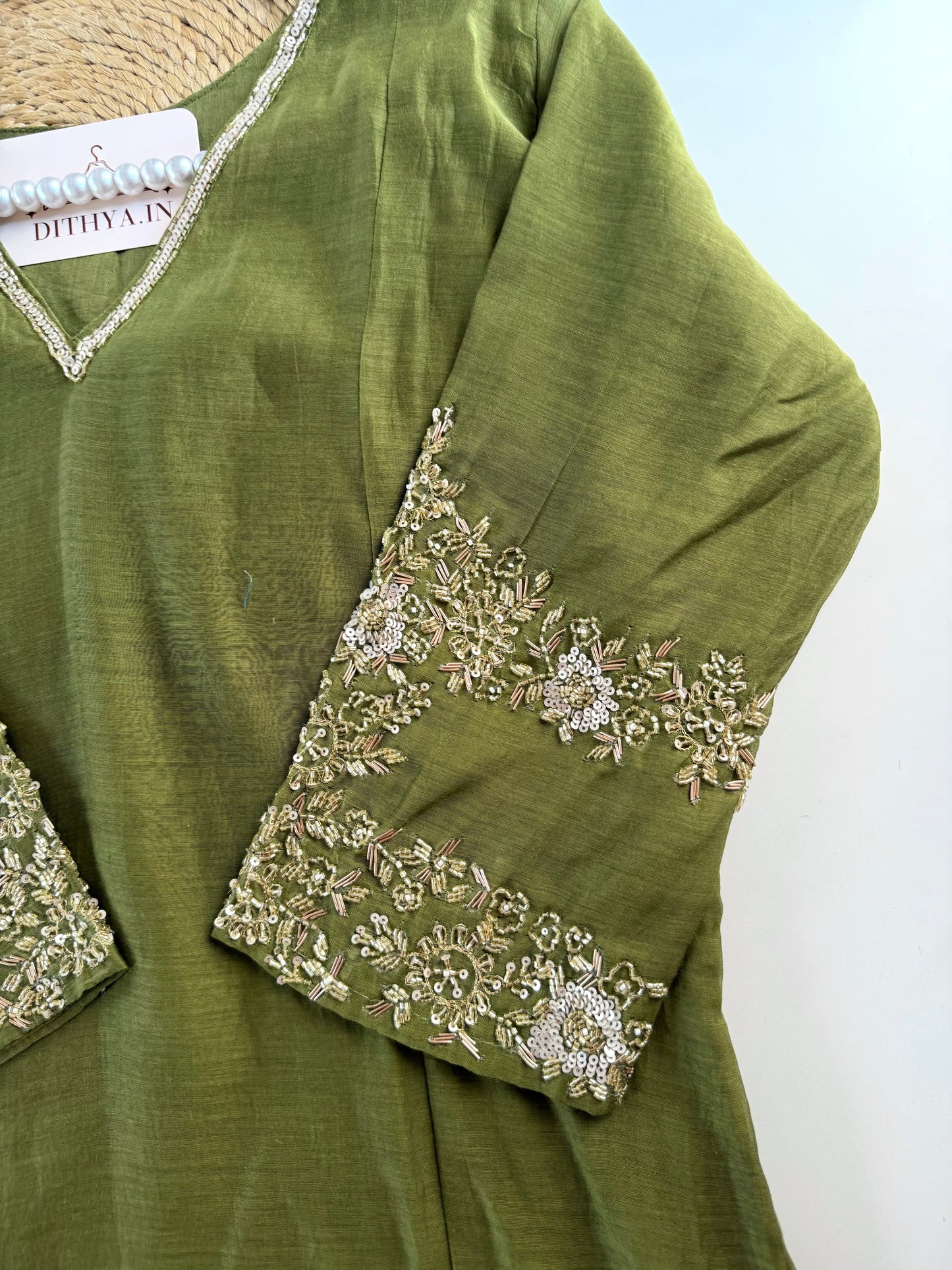K179 - Mul chanderi handwork Aline Kurti with pants and dupatta