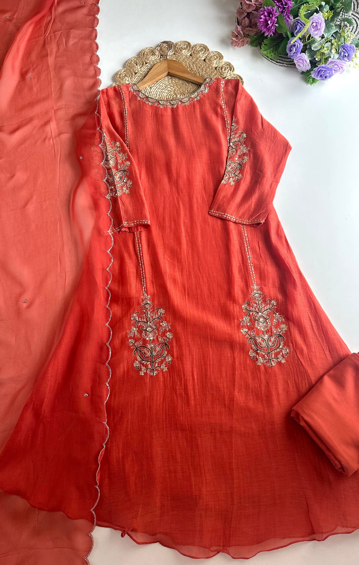 K010 - Mul Chanderi handwork Aline Kurti with pants and dupatta