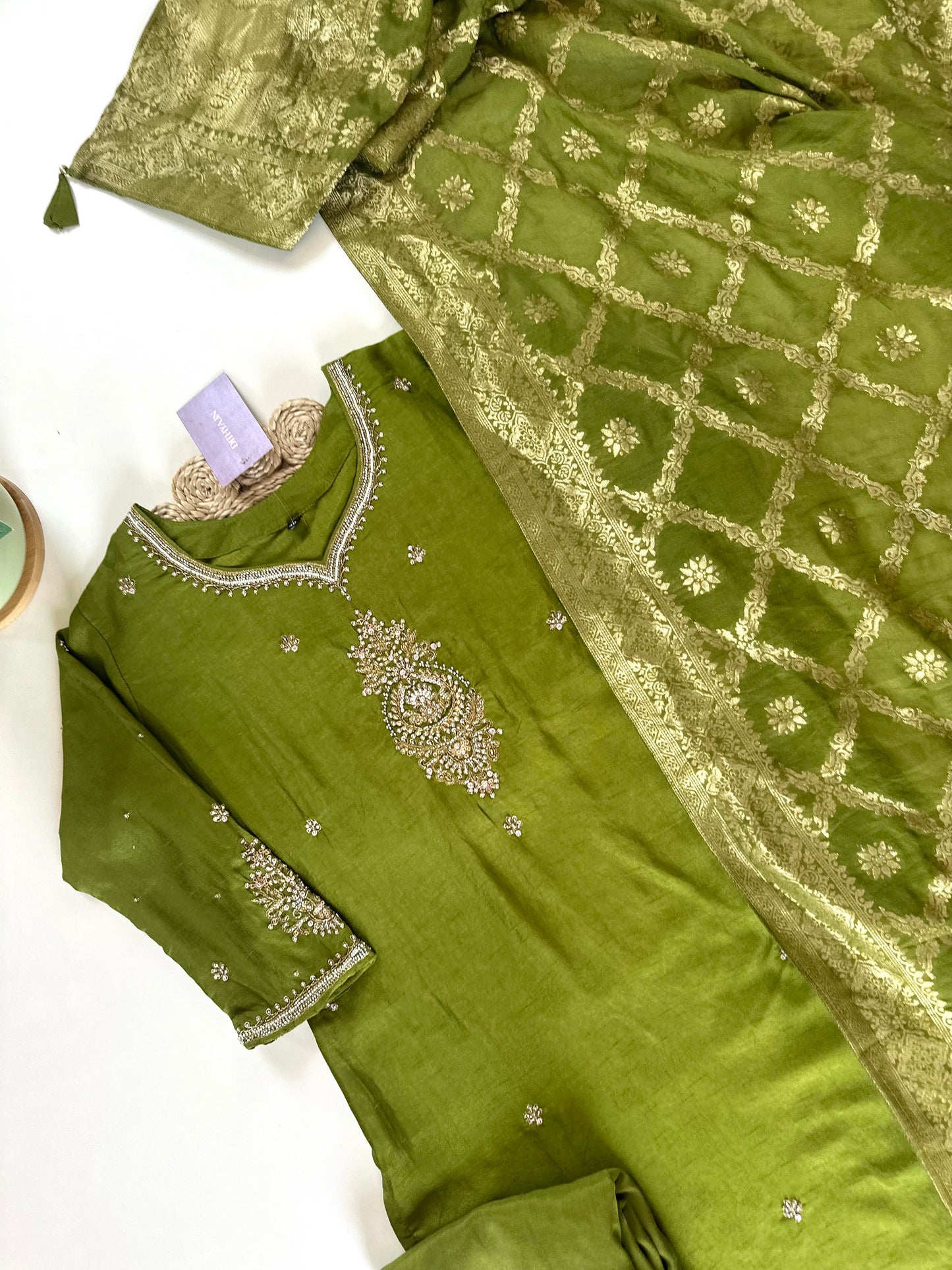 K037 - Russian silk Handwork straight kurti with pants and Banarasi silk dupatta .