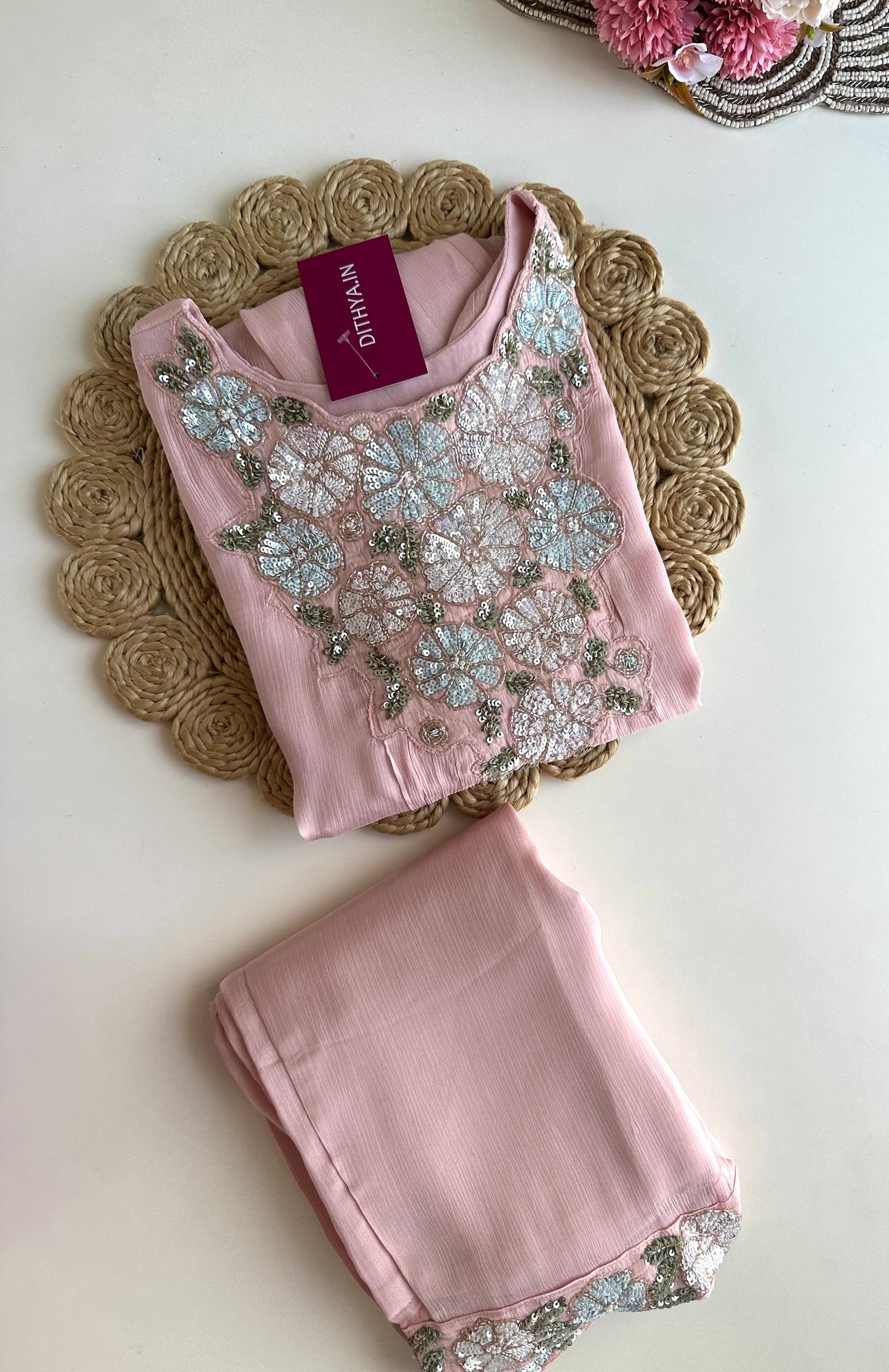 K227 - Chinnon handwork Aline Kurti with pants in 2 colours