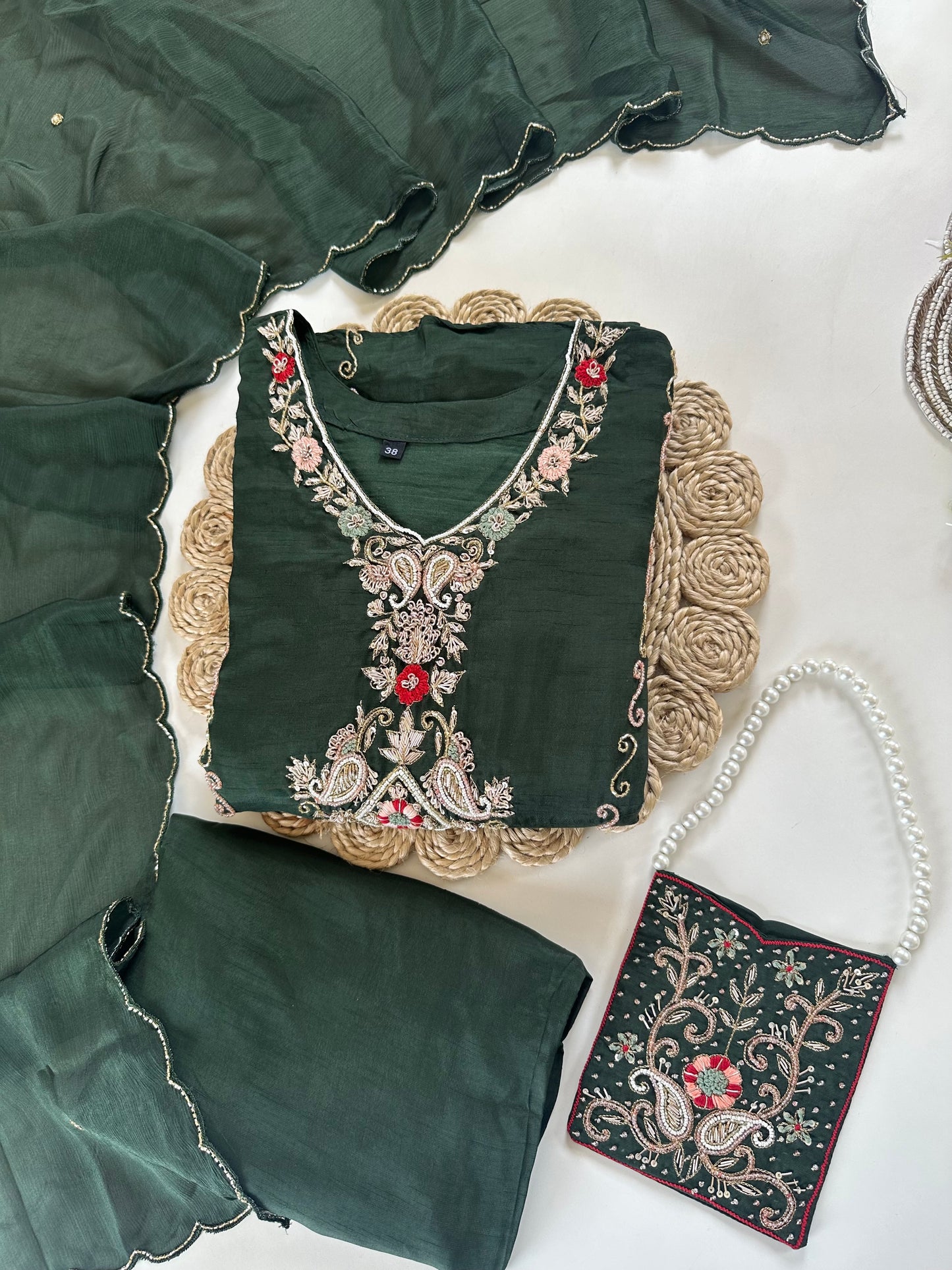 K311 - Russian silk handwork Aline Kurti with pants, dupatta and potli bag .