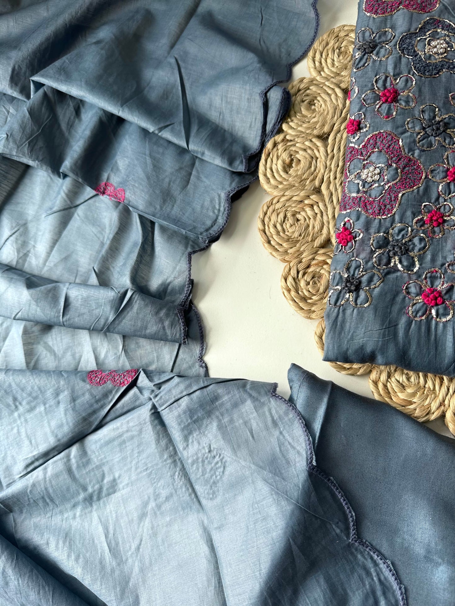 K375 -Mul Chanderi handwork Aline Kurti with pants and dupatta