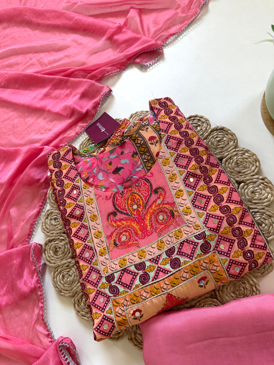 K236 - Handwork crape Printed Aline Kurti with palazzo and dupatta.