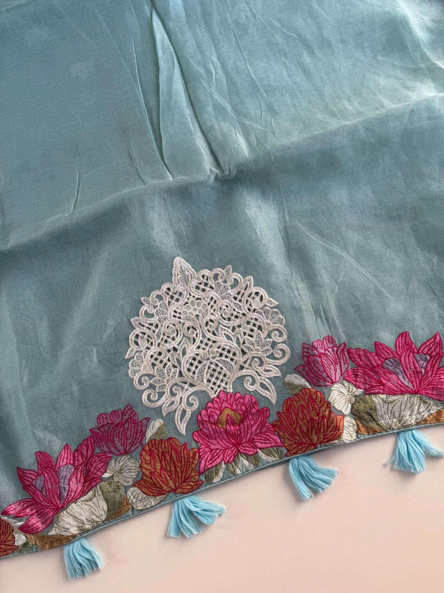 S020 - Soft organza appliqué embroidered saree in 3 colours