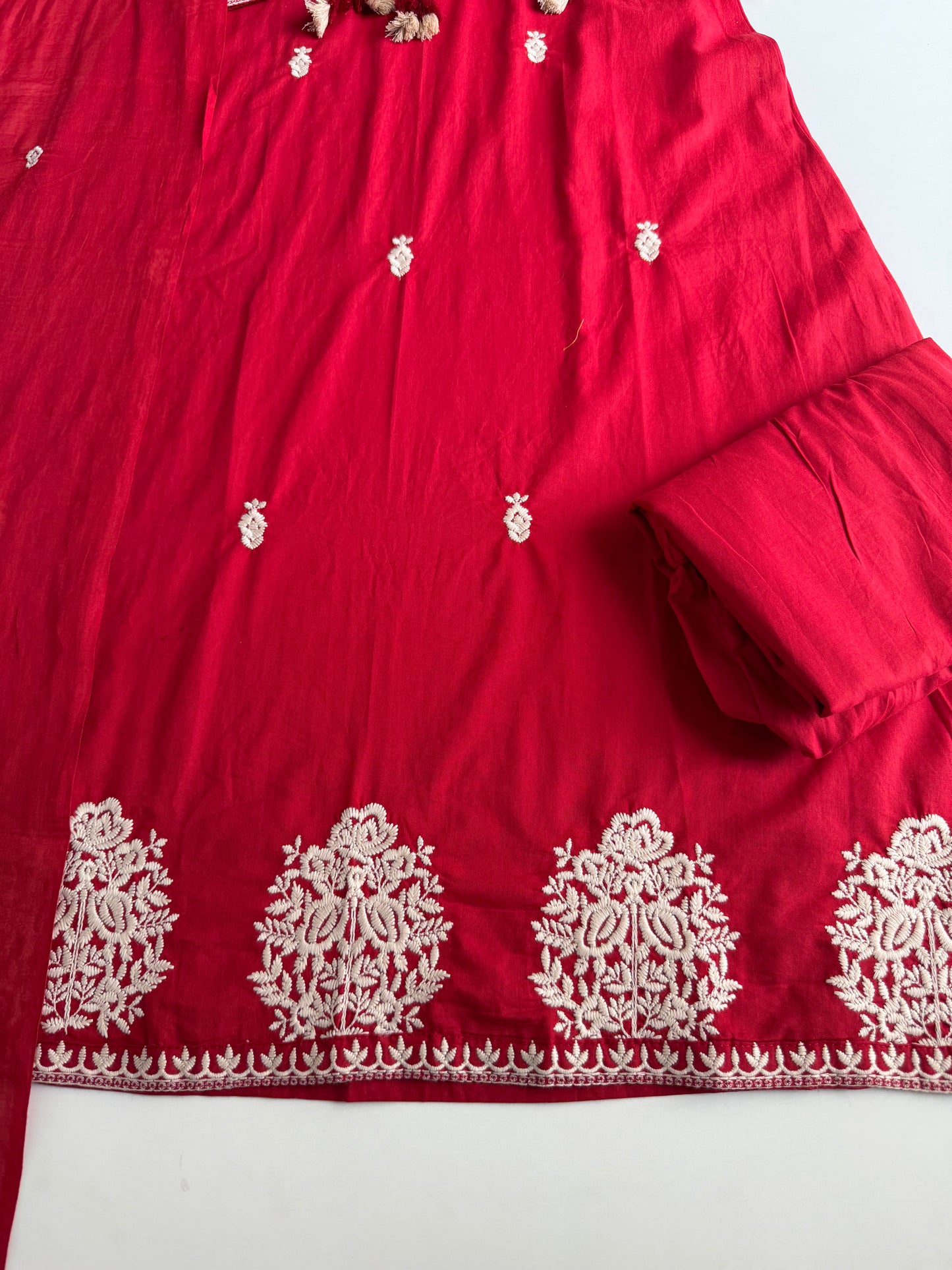 K671 - Mul cotton embroidered Aline Kurti with pants and dupatta