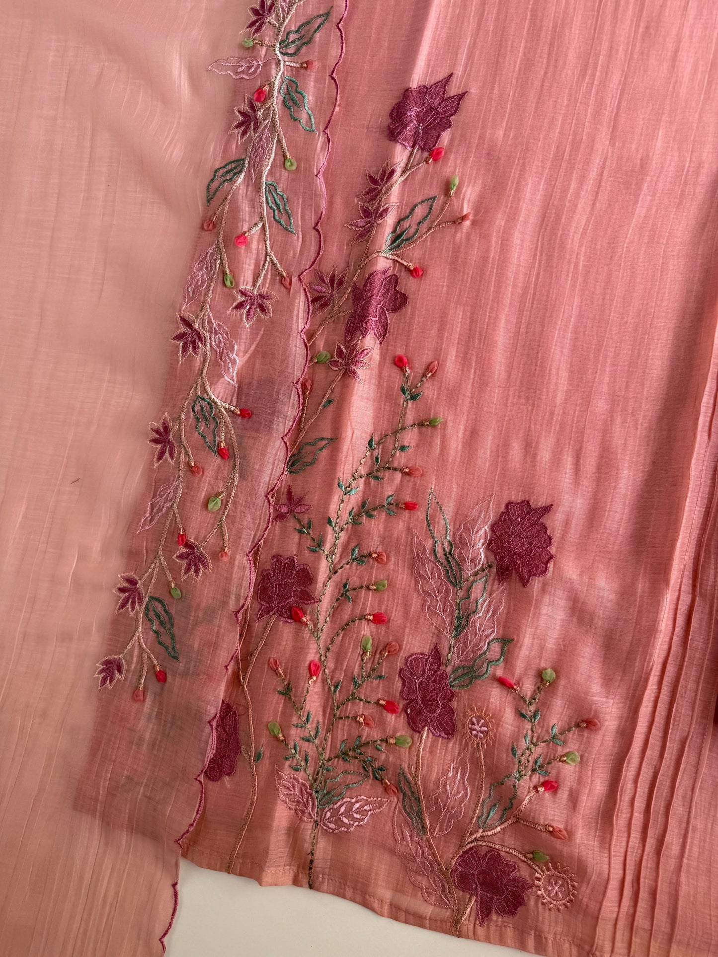 K575 - Mul Chanderi embroidered straight Kurti with pants and dupatta