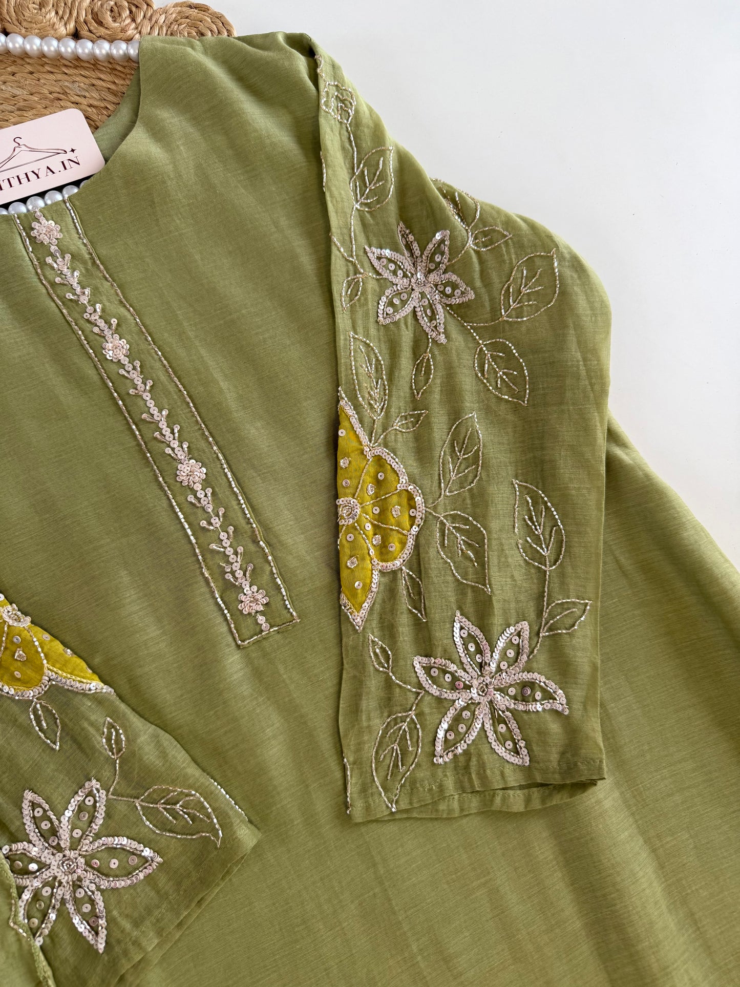 K181 - Mul chanderi handwork Aline Kurti with pants and dupatta in 2 colours