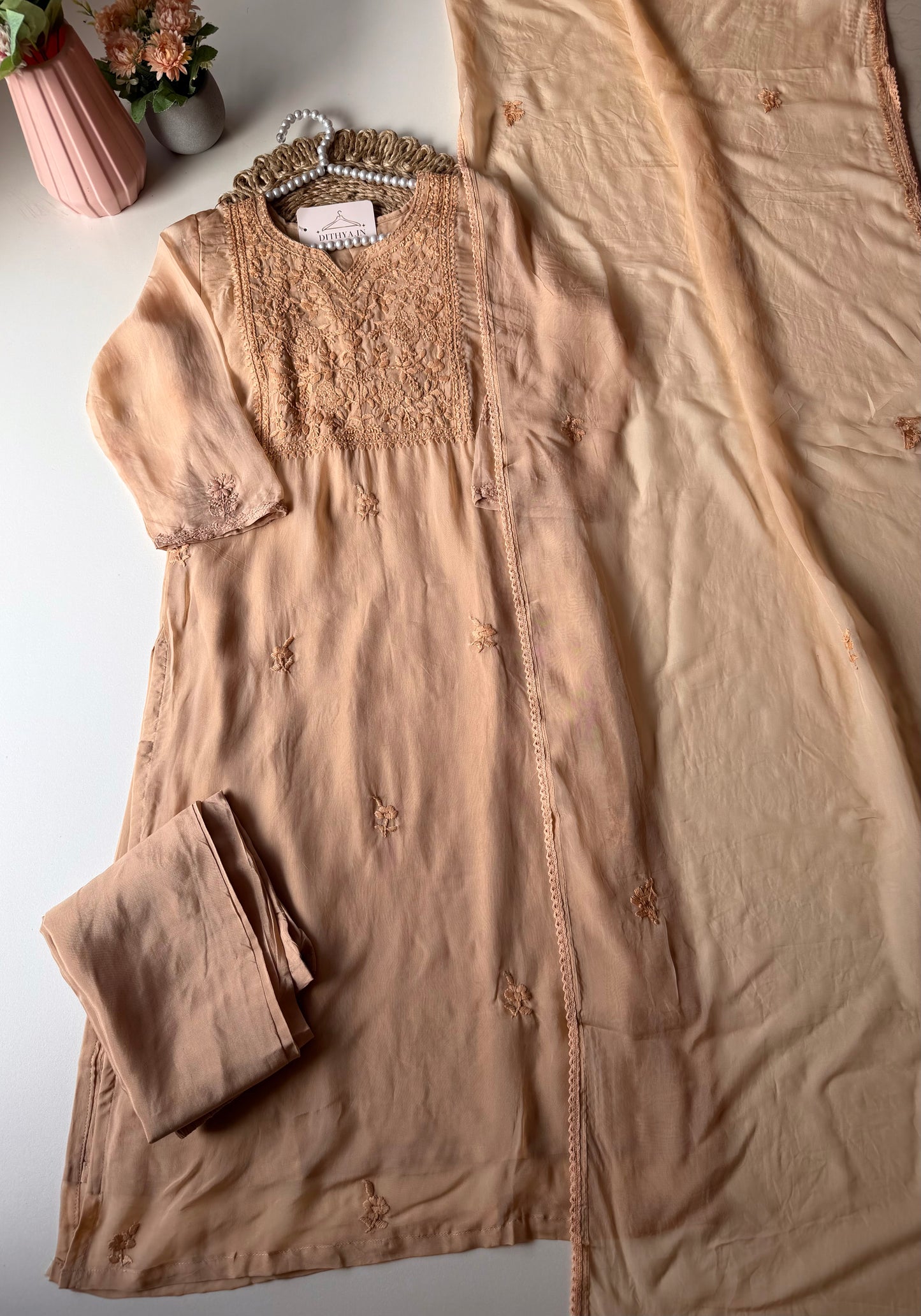 K587 - Viscose organza Chikankari straight Kurti with pants and dupatta