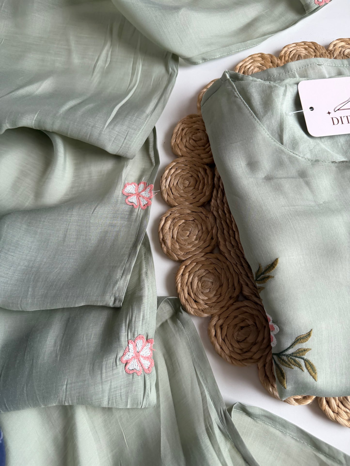K592 - Surat Mul chanderi handwork straight Kurti with pants and dupatta