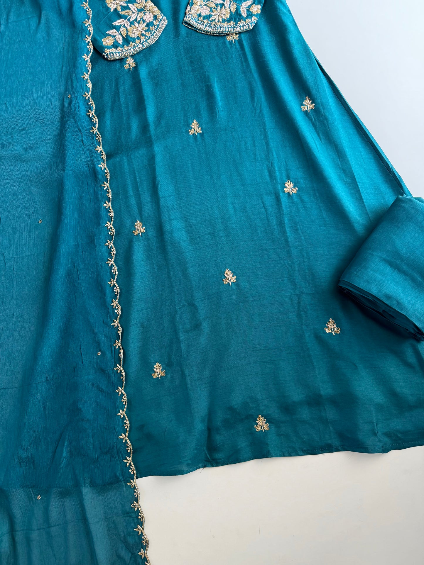K126 - Russian silk handwork Aline Kurti with pants and dupatta in 2 colours