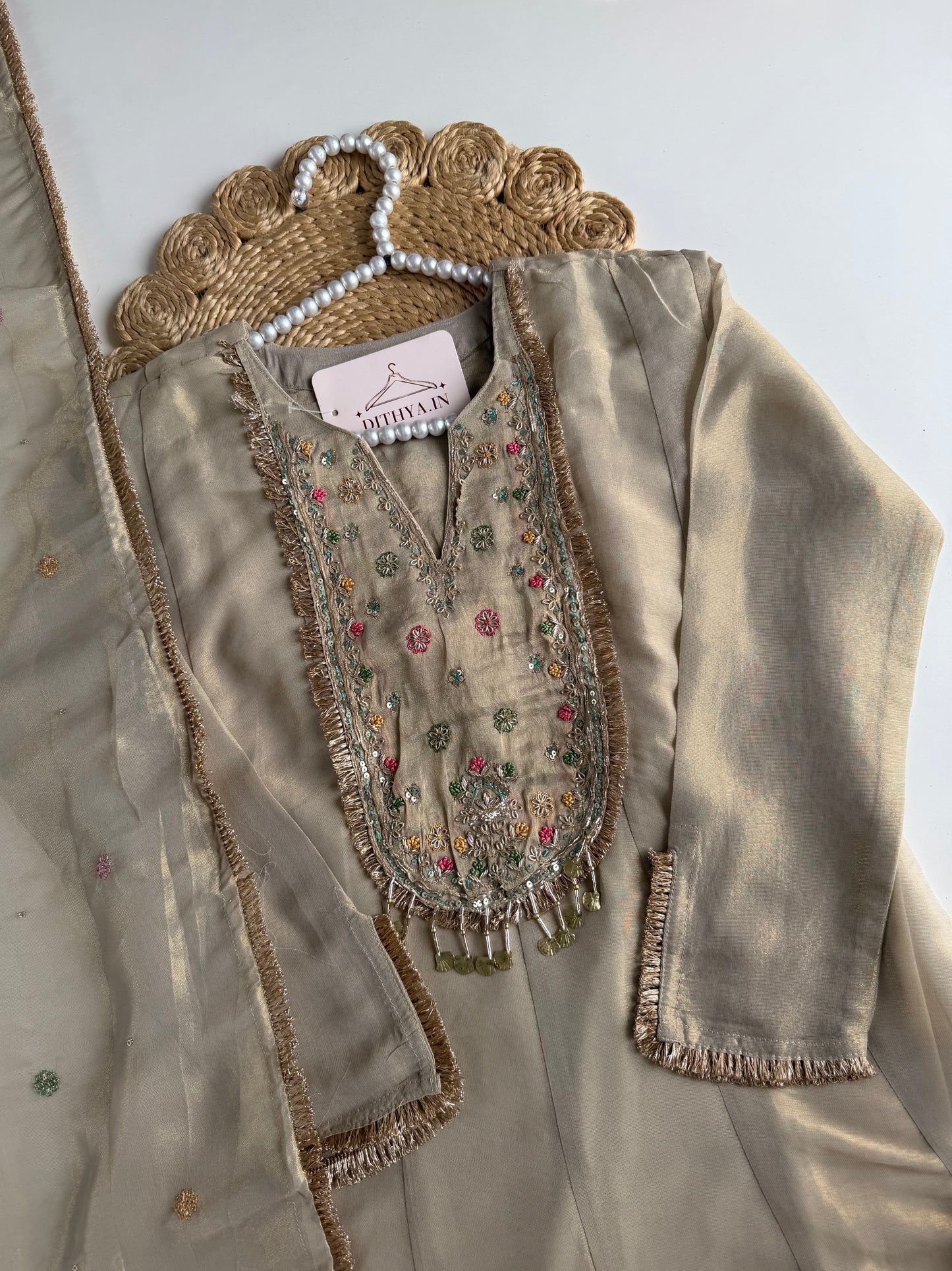 K607 - Tissue silk handwork aline Kurti with pants and dupatta